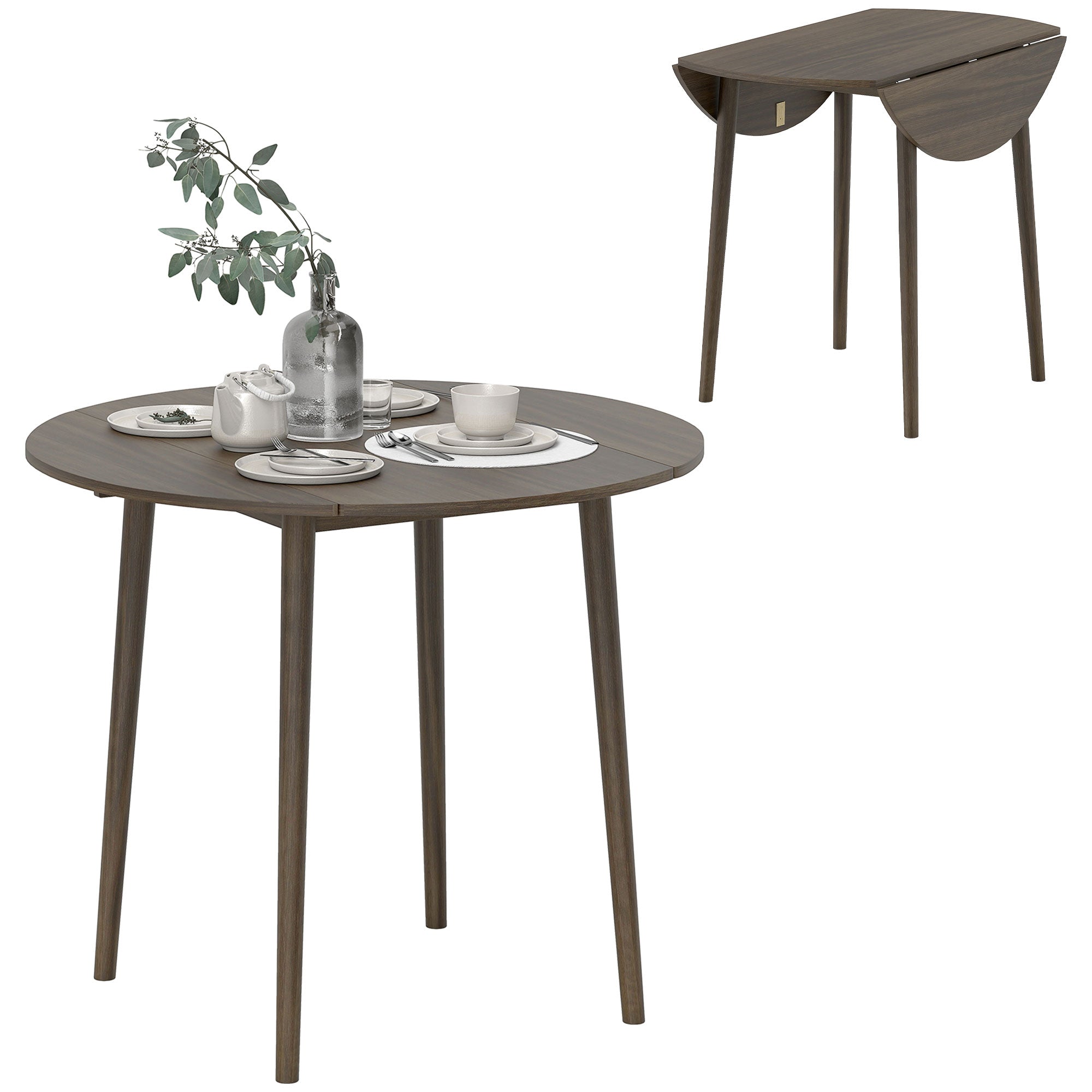 Table à manger pliante, table de cuisine ronde Ø 89 cm pour 4 personnes avec 2 abattants, pieds en bois de pin, design nordique, pour petits espaces, gris