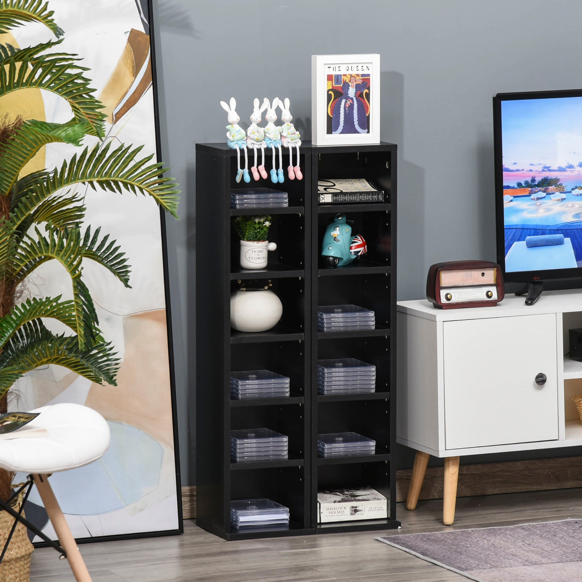 Lot de 2 étagères colonnes armoire de rangement CD-DVD 6 + 6 compartiments 21 x 22,5 x 88,5 cm capacité max. 204 CD noir