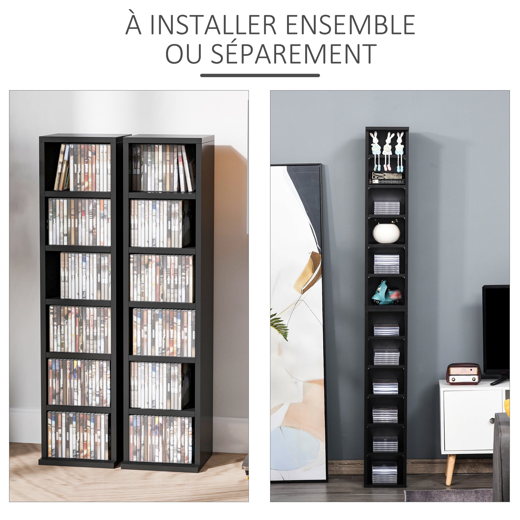 Lot de 2 étagères colonnes armoire de rangement CD-DVD 6 + 6 compartiments 21 x 22,5 x 88,5 cm capacité max. 204 CD noir
