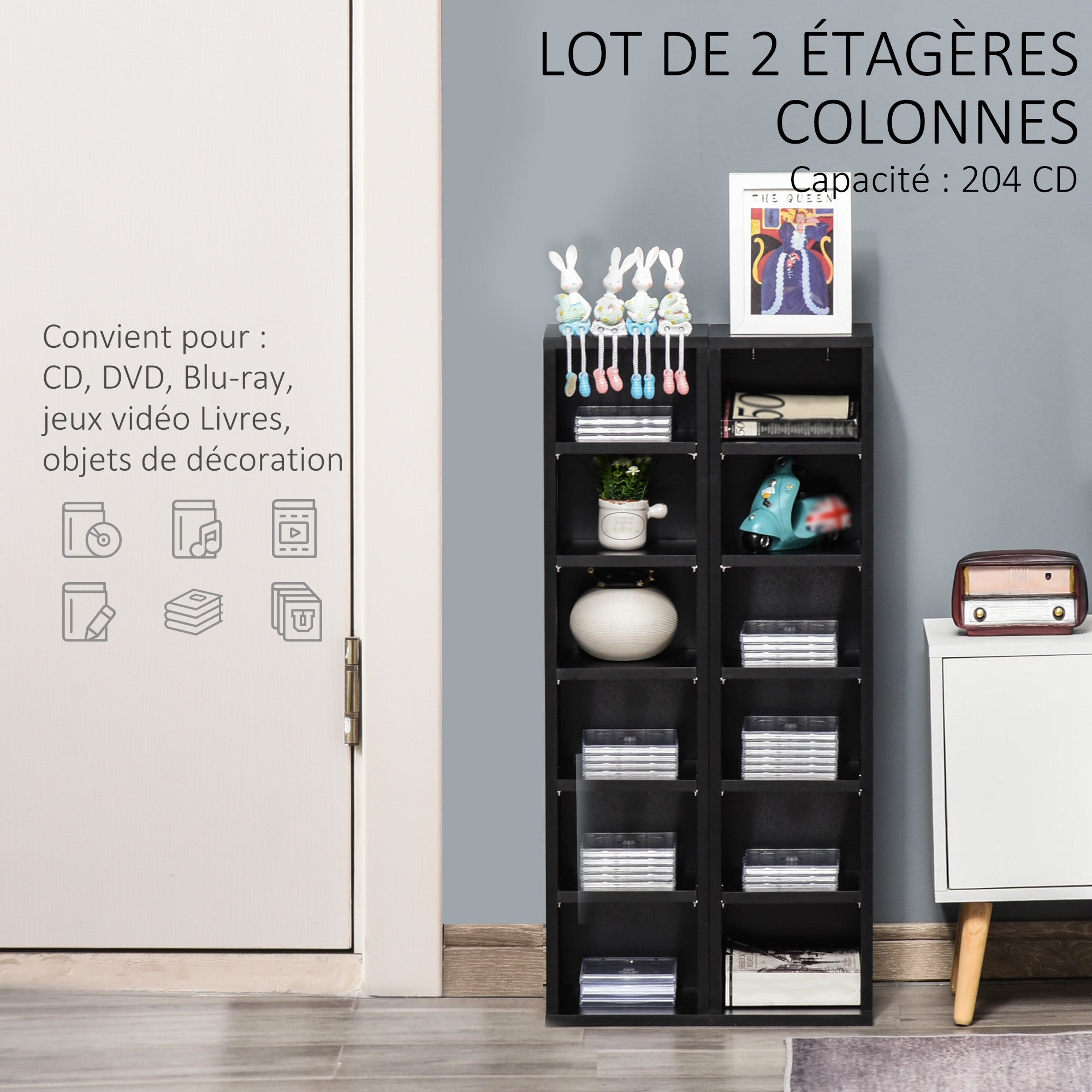 Lot de 2 étagères colonnes armoire de rangement CD-DVD 6 + 6 compartiments 21 x 22,5 x 88,5 cm capacité max. 204 CD noir
