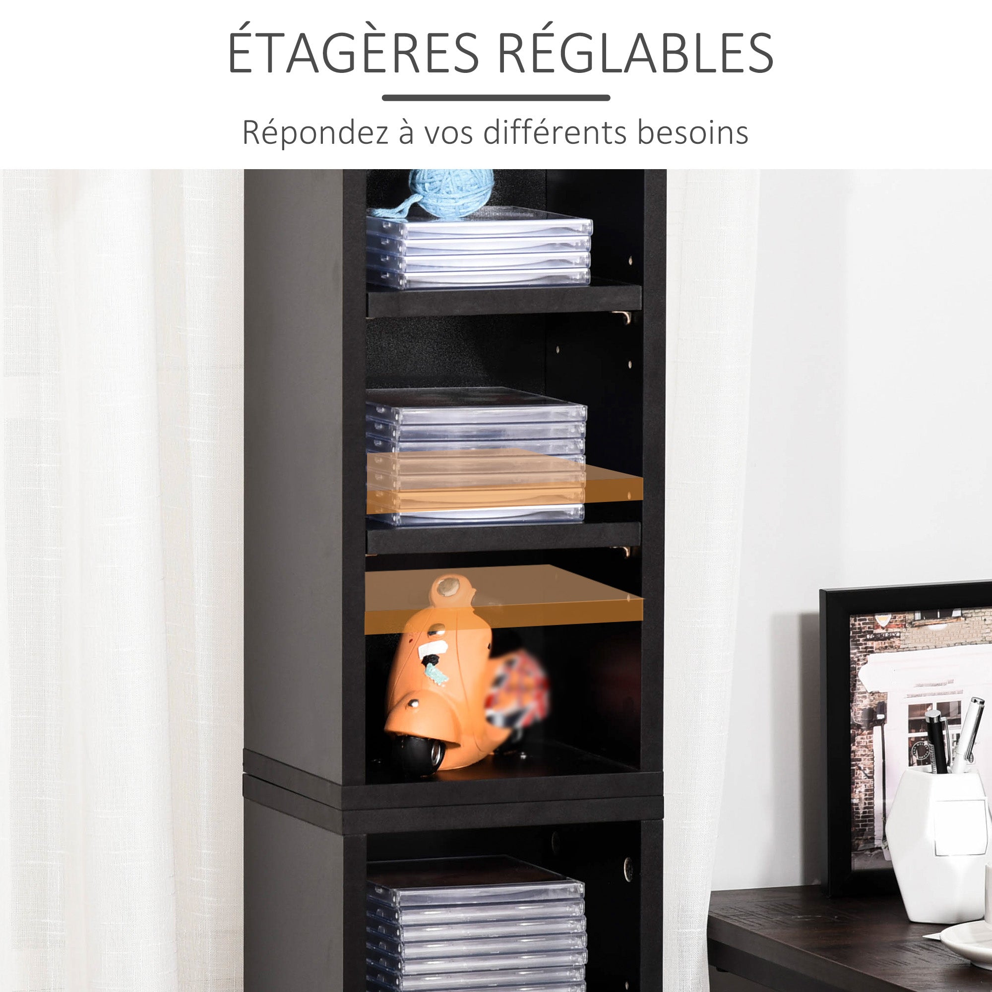 Lot de 2 étagères colonnes armoire de rangement CD-DVD 6 + 6 compartiments 21 x 22,5 x 88,5 cm capacité max. 204 CD noir