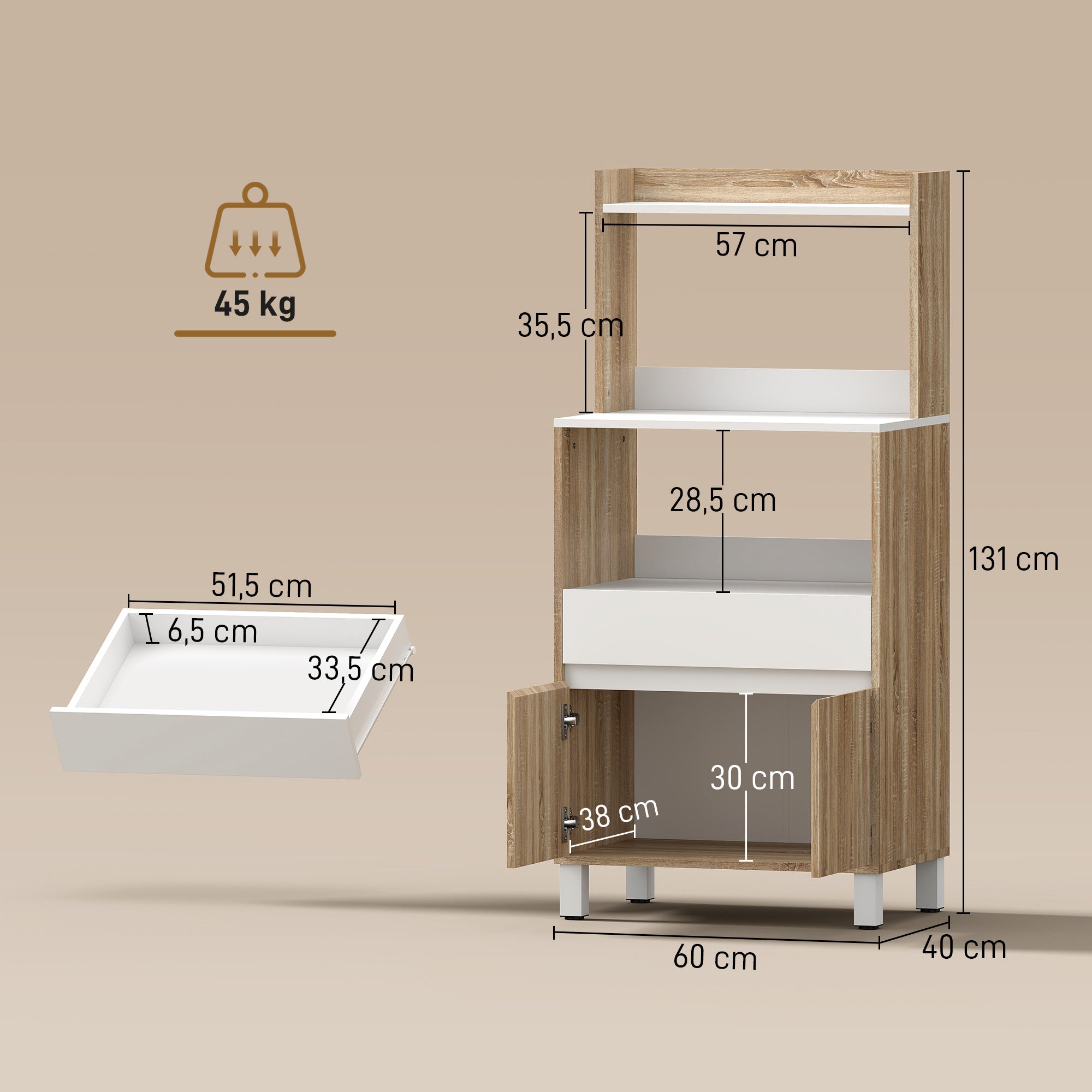 Meuble Micro-Ondes, Buffet Cuisine avec Tiroir, 2 Portes à Fermeture Douce, Plan de Travail et Étagères Ouvertes, Meuble de Rangement pour Salle à Manger, Salon, 60x40x131cm, Chêne et Blanc
