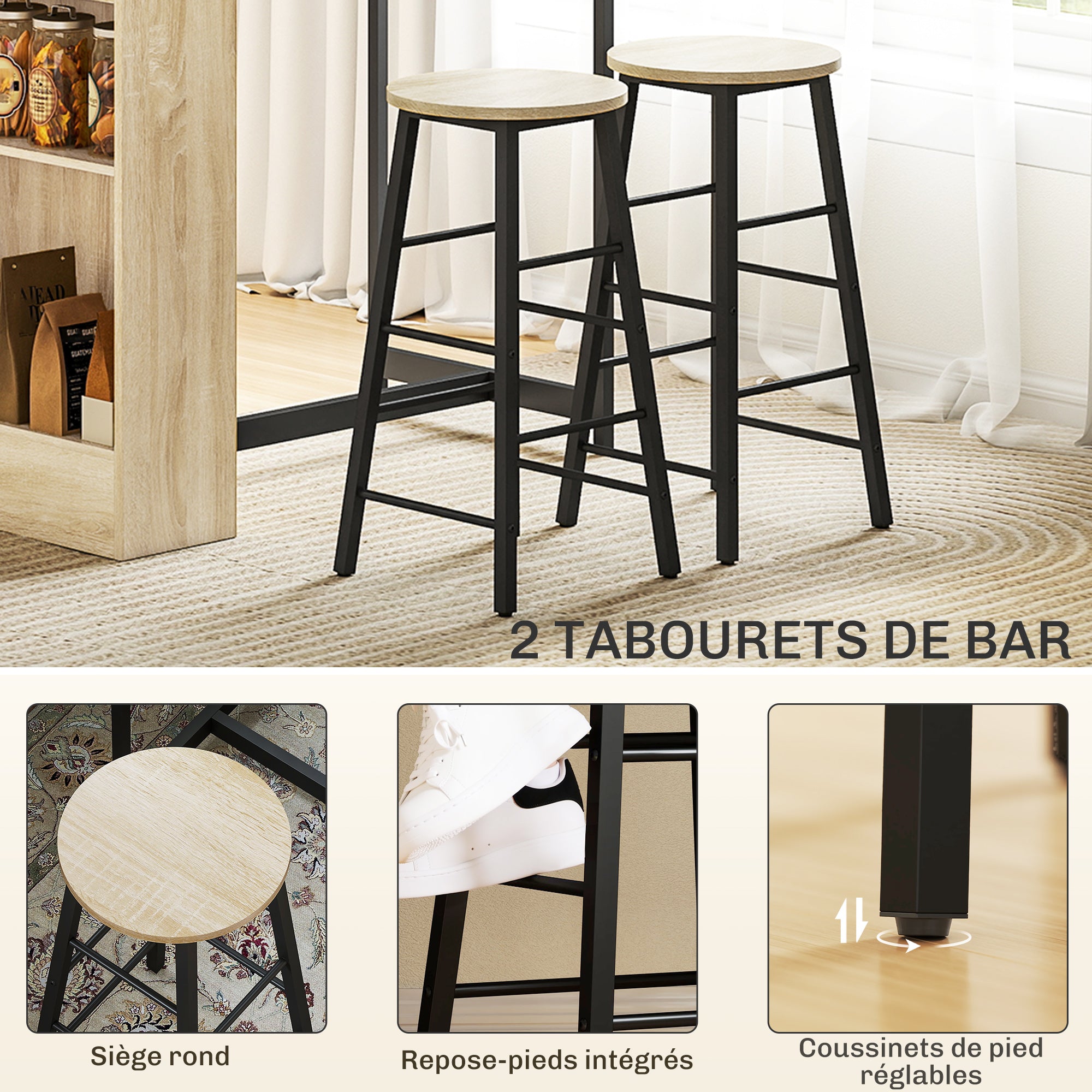 Ensemble table de bar avec tabourets, table à manger debout avec 2 chaises de bar avec compartiments ouverts, étagère réglable et repose-pieds, pour pour salle à manger, cuisine, chêne et noir