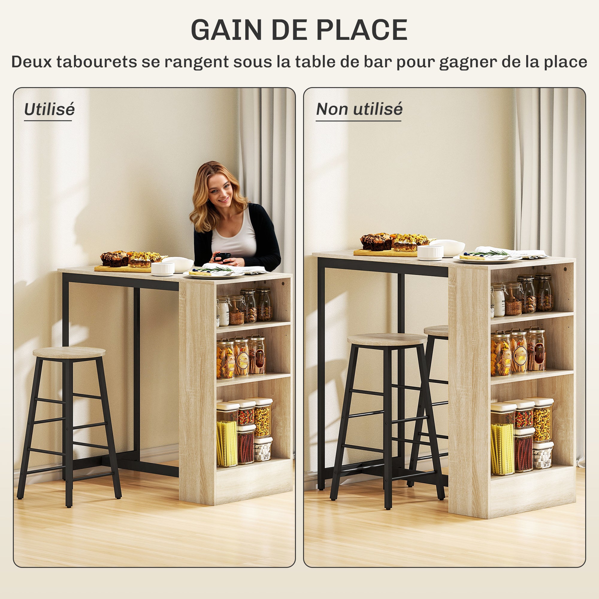 Ensemble table de bar avec tabourets, table à manger debout avec 2 chaises de bar avec compartiments ouverts, étagère réglable et repose-pieds, pour pour salle à manger, cuisine, chêne et noir