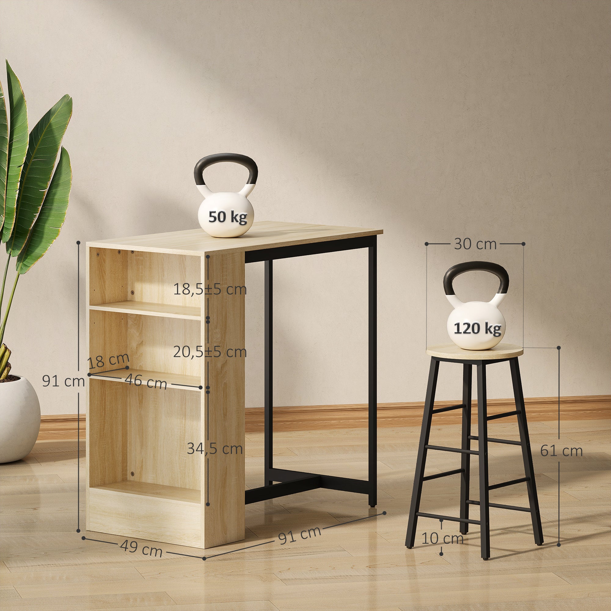 Ensemble table de bar avec tabourets, table à manger debout avec 2 chaises de bar avec compartiments ouverts, étagère réglable et repose-pieds, pour pour salle à manger, cuisine, chêne et noir