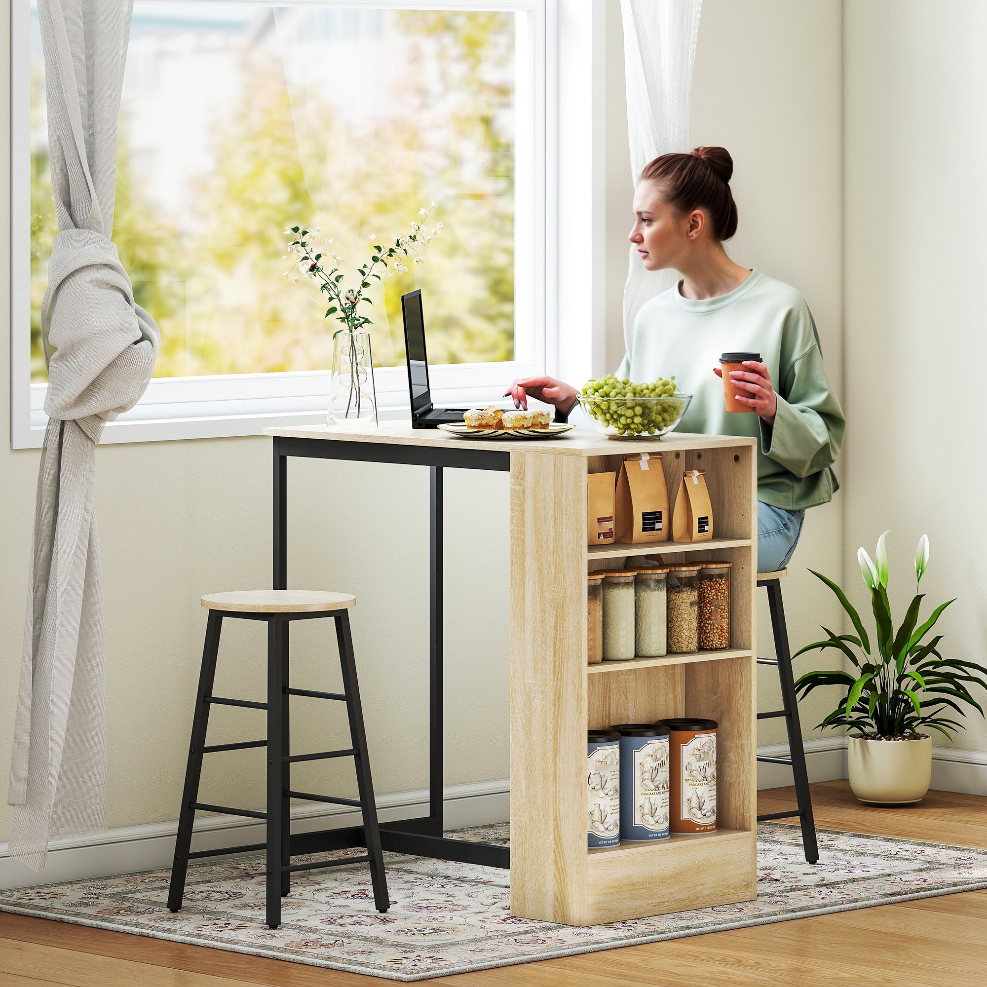 Ensemble table de bar avec tabourets, table à manger debout avec 2 chaises de bar avec compartiments ouverts, étagère réglable et repose-pieds, pour pour salle à manger, cuisine, chêne et noir