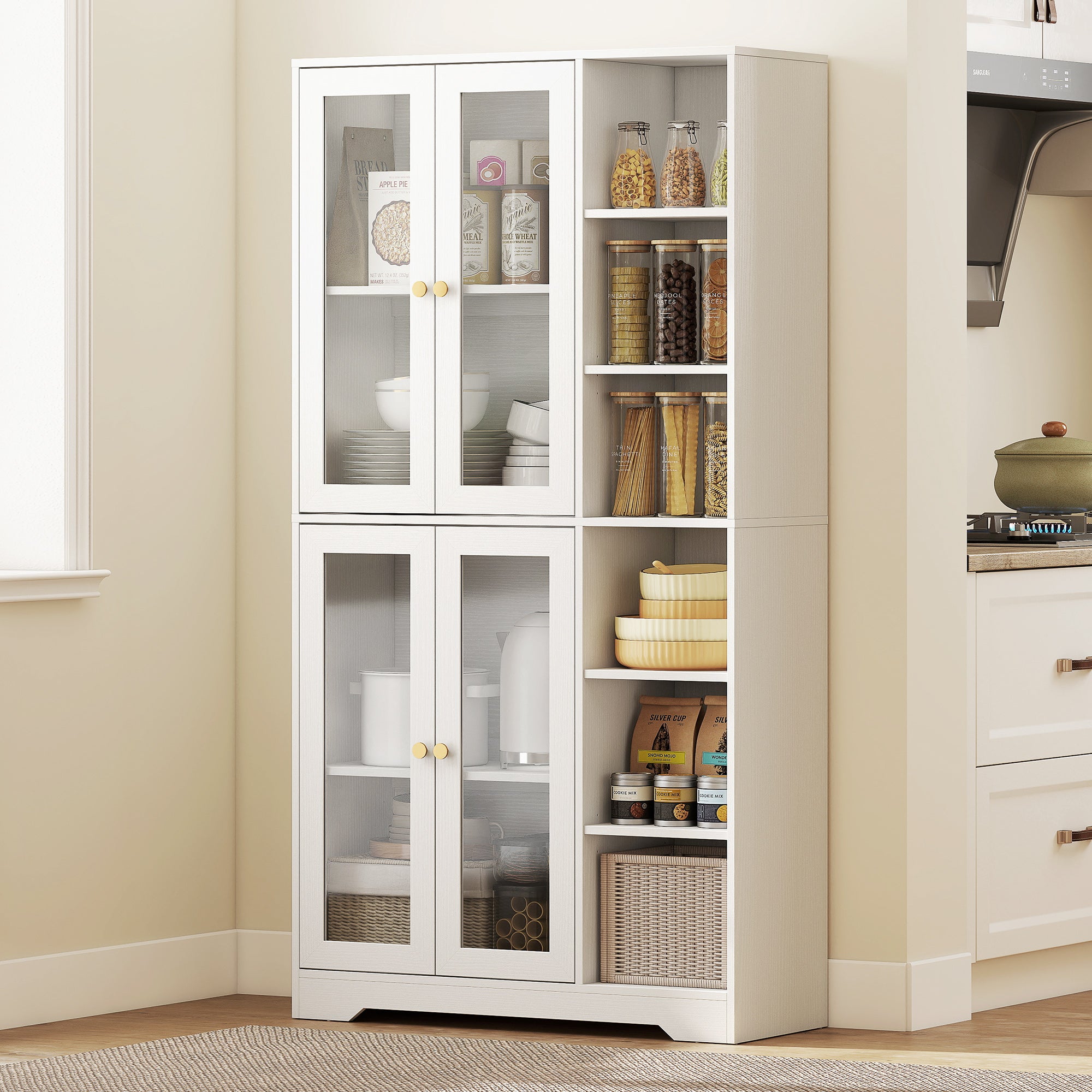 Buffet haut cuisine, vaisselier vitrine avec 4 portes à fermeture douce en verre trempé, étagères réglables et 6 compartiments ouverts, meuble de rangement pour salon, salle à manger, blanc