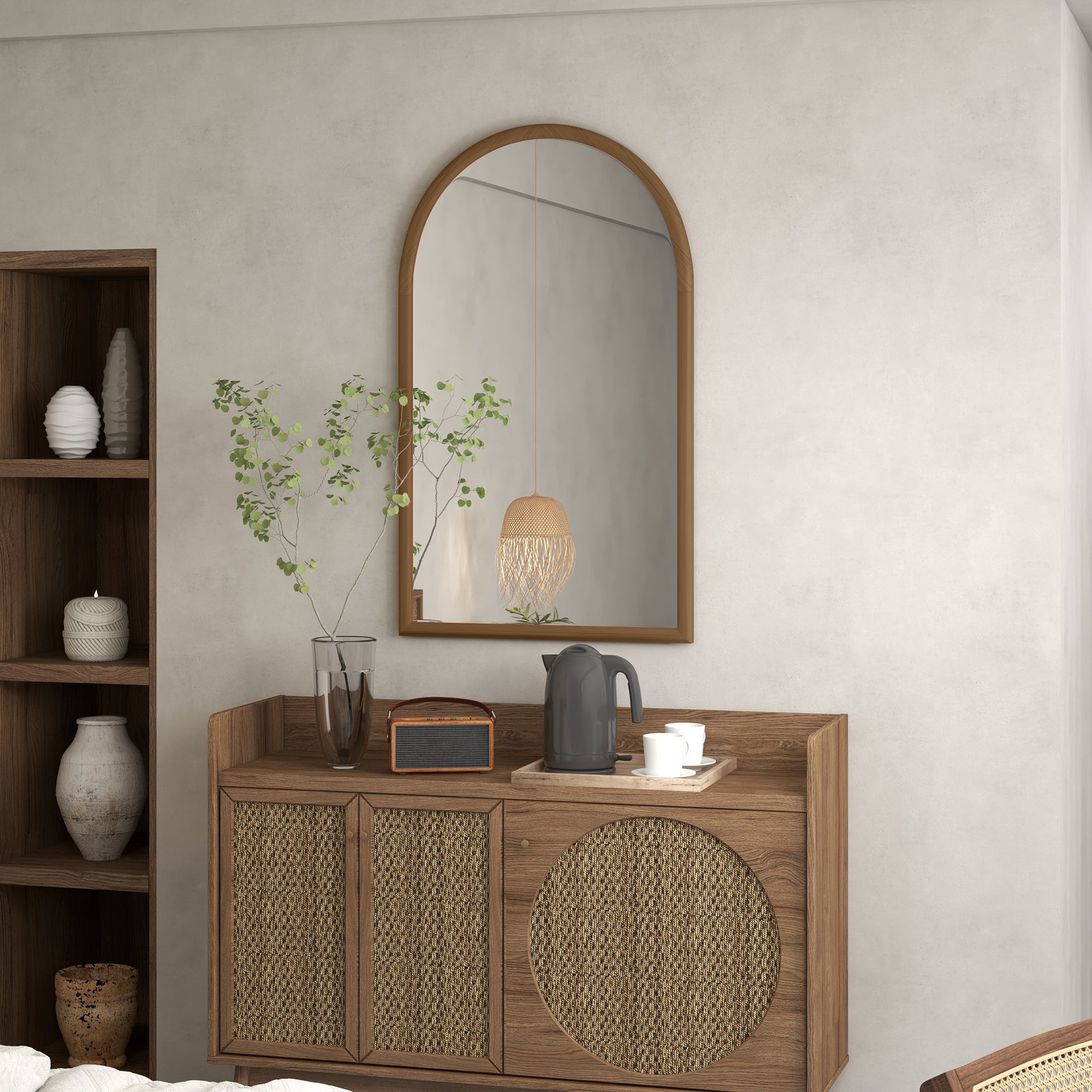 Miroir mural arche, 110 x 65 cm Cadre en bois, Miroir arqué pour le salon, la chambre, l'entrée, brun foncé
