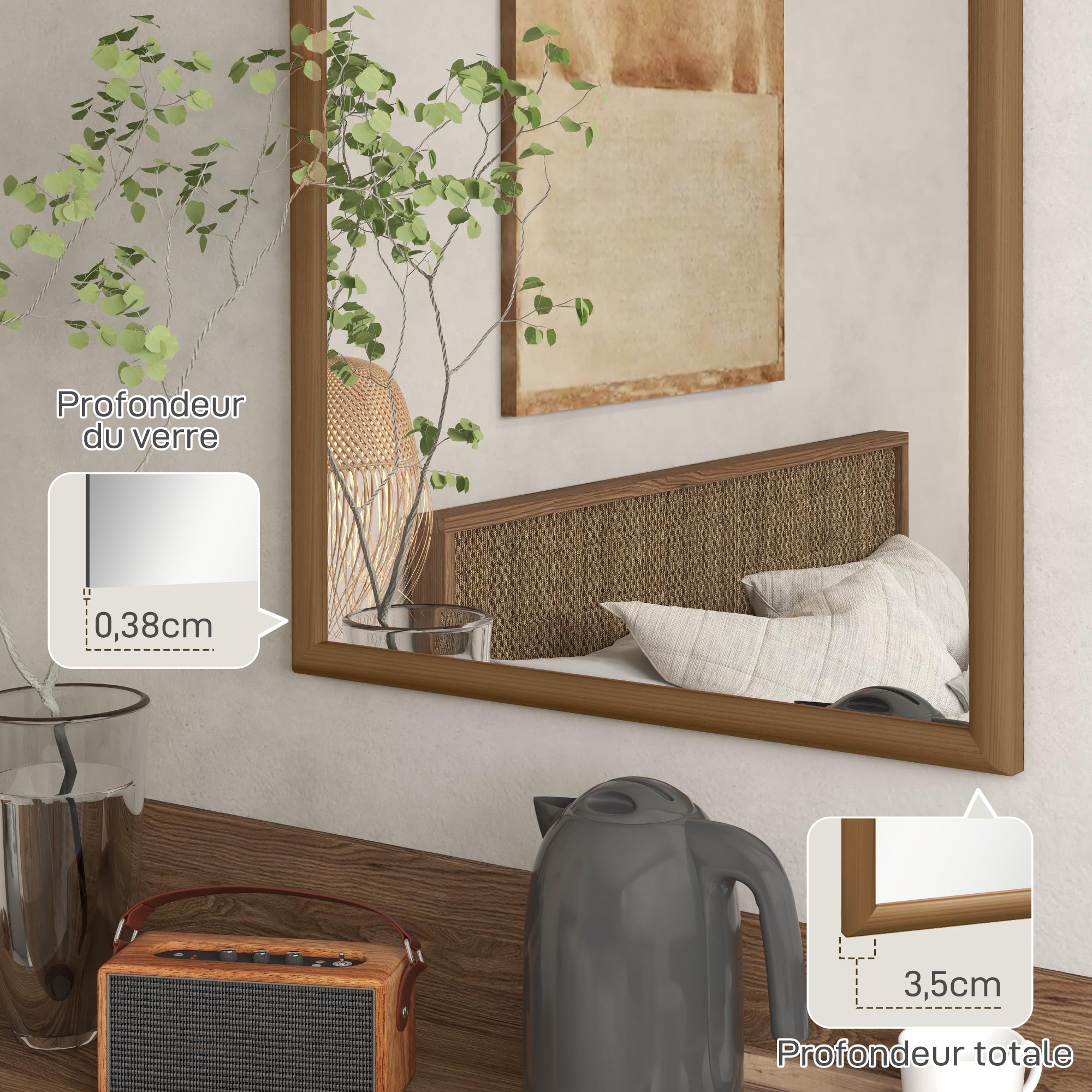 Miroir mural arche, 110 x 65 cm Cadre en bois, Miroir arqué pour le salon, la chambre, l'entrée, brun foncé