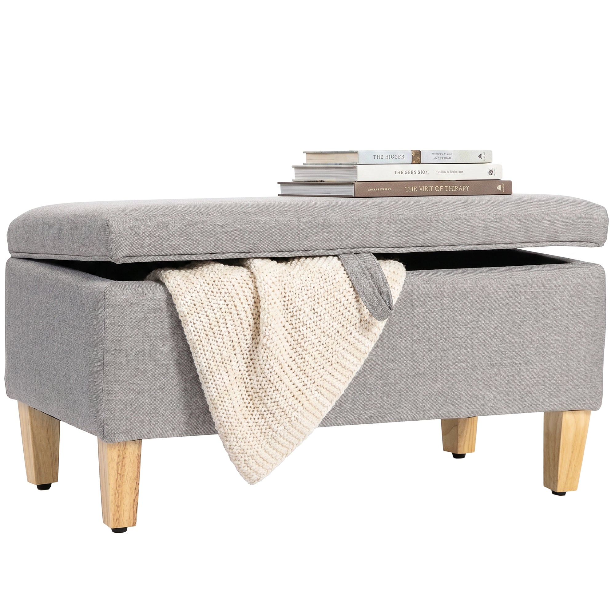 Banc de rangement, bout de lit, repose-pieds rembourré en lin avec pieds en bois de caoutchouc, pour salon, chambre, entrée, 71 x 37 x 36 cm, gris clair