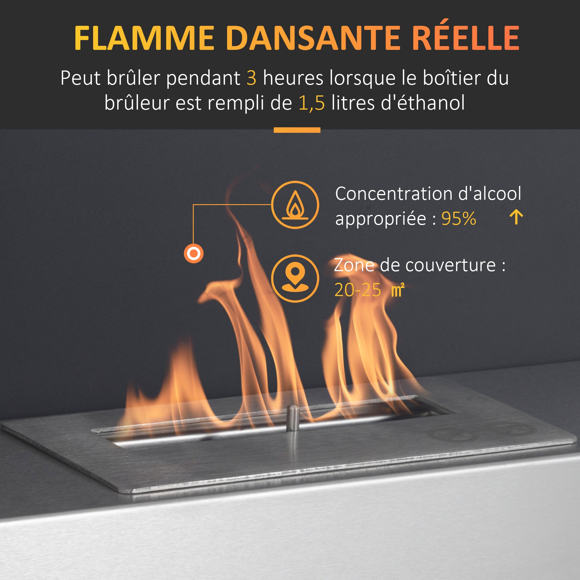 Cheminée bioéthanol Murale encastrable brûleur 1.5 L, environ 3 h de durée de combustion dim. 60L x 22l x 40H cm Couverture 20-25 m² Acier inox