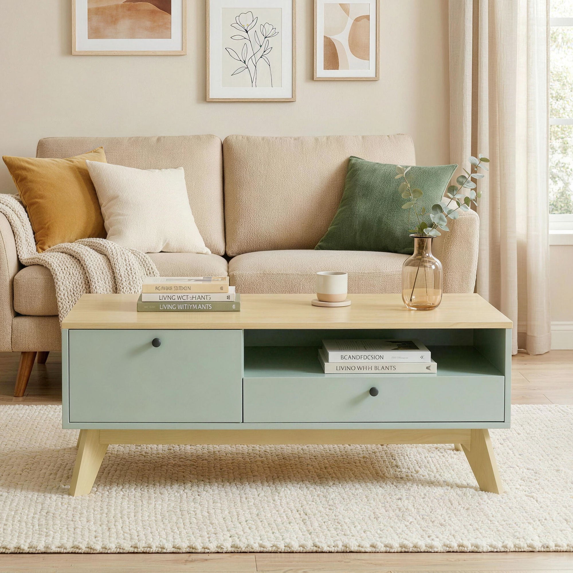 Table basse de salon, table d'appoint rectangulaire avec tiroir, porte et compartiment ouvert, style moderne, pour chambre, séjour et bureau, 100 x 50 x 40 cm, vert clair et chêne