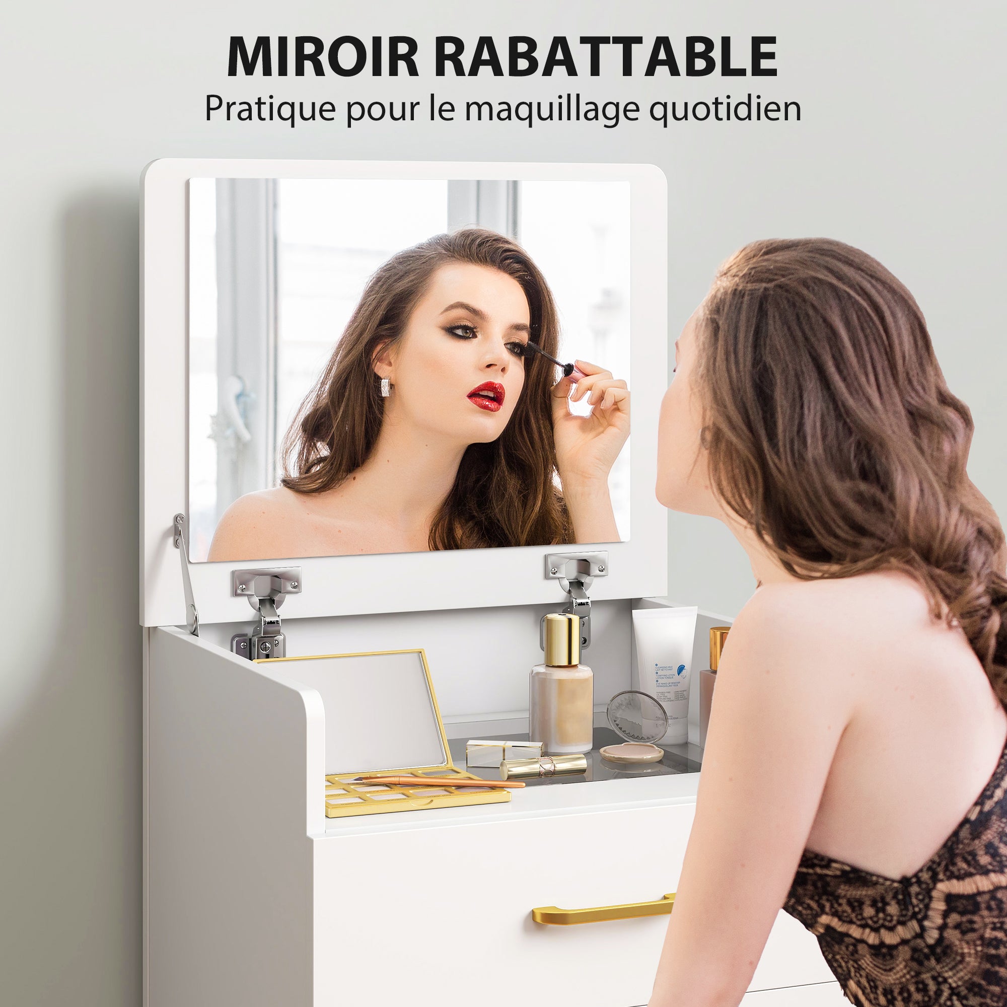 Coiffeuse avec miroir et tabouret 3 en 1, table de maquillage avec 3 tiroirs, plateau en verre visible, coussin rembourré et roulettes, bureau coiffeuse, 48 x 40 x 90 cm, blanc