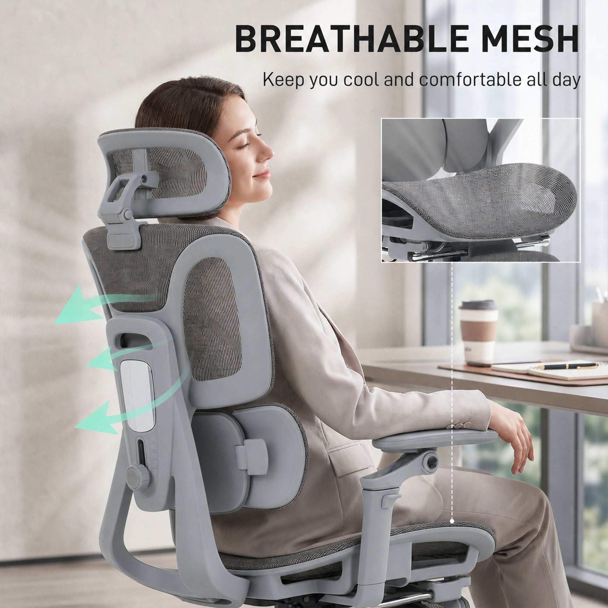 Chaise Bureau Ergonomique avec Accoudoirs 6D Appui-Tête et Profondeur d'Assise Réglables Fauteuil de Bureau en Maille Inclinable Hauteur Réglable Soutien Lombaire Adjustable Repose-Pieds Gris