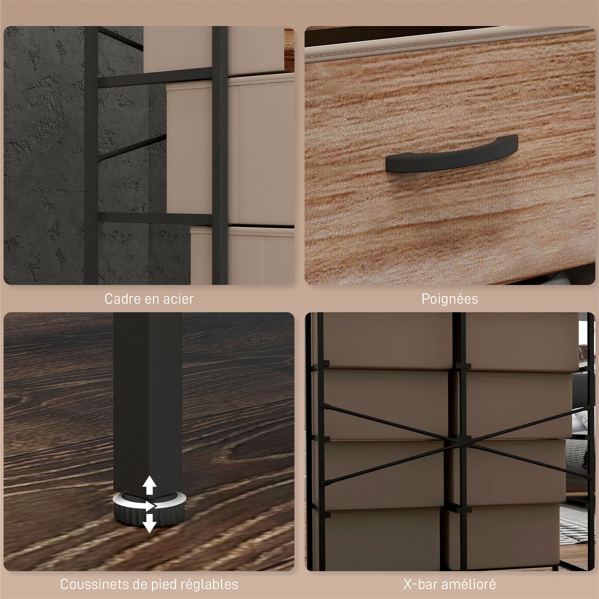 Meuble de Rangement commode chiffonnier 8 tiroirs en Tissu amovibles, étagère supérieure et cadre acier 79L x 29l x 101H cm naturel et noir