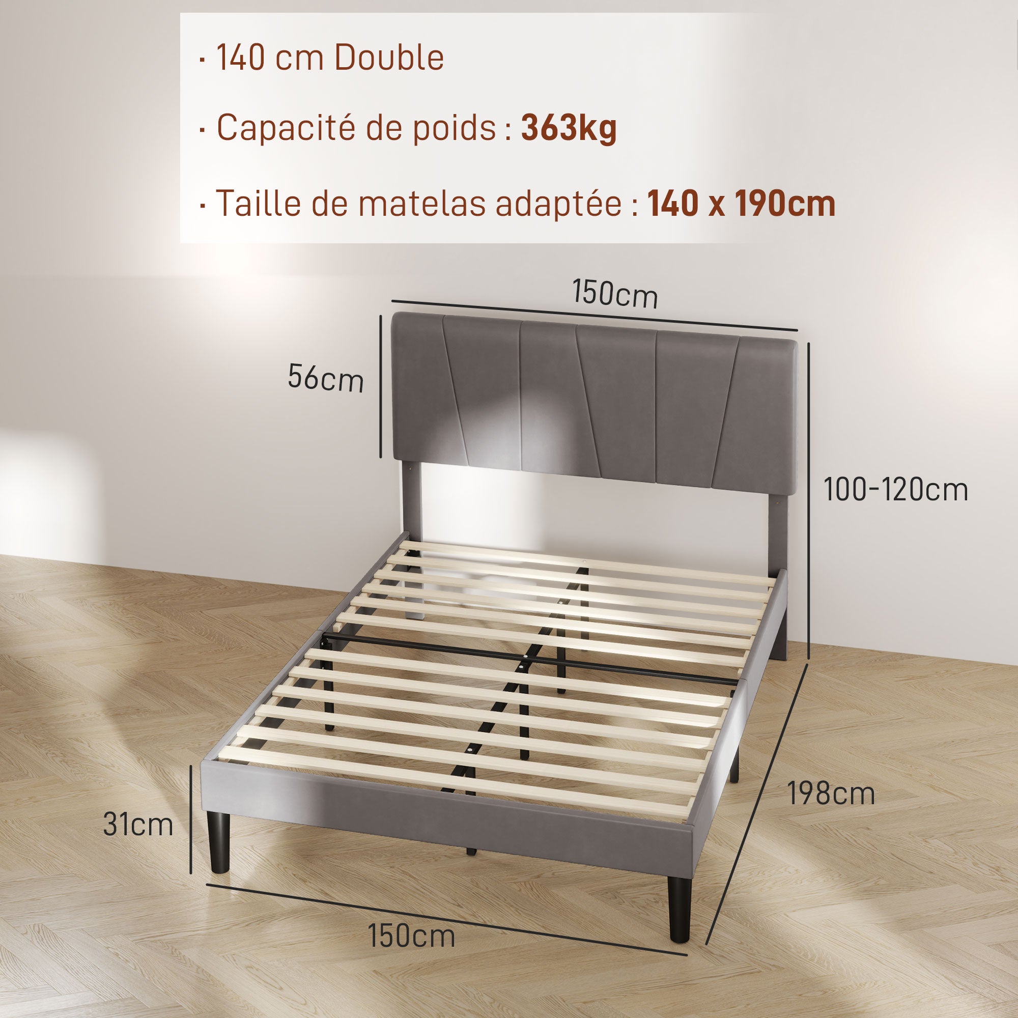 Cadre de lit double, 140 x 190 cm, lit 2 personnes, cadre métallique, tête de lit réglable, avec sommier, rangement sous le lit, montage facile, gris