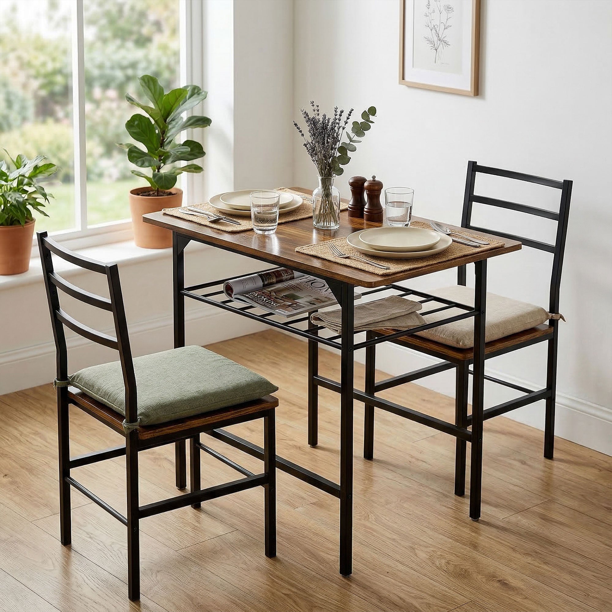 Ensemble table salle à manger avec 2 chaises, table de cuisine avec chaises pour 2 personnes, étagère de rangement, cadre en métal, style industriel, pour petit espace, brun rustique