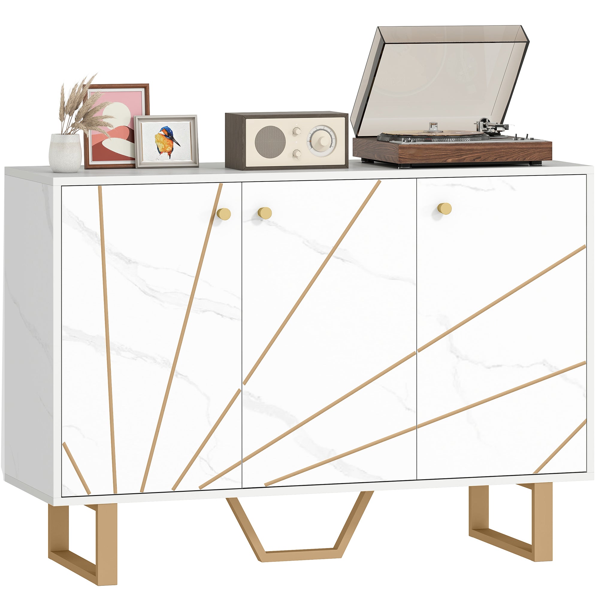 Meuble de rangement buffet salon avec 2 placards 3 portes et étagère réglable, pieds en métal - dim. 107L x 35l x 75H cm, aspect marbre blanc