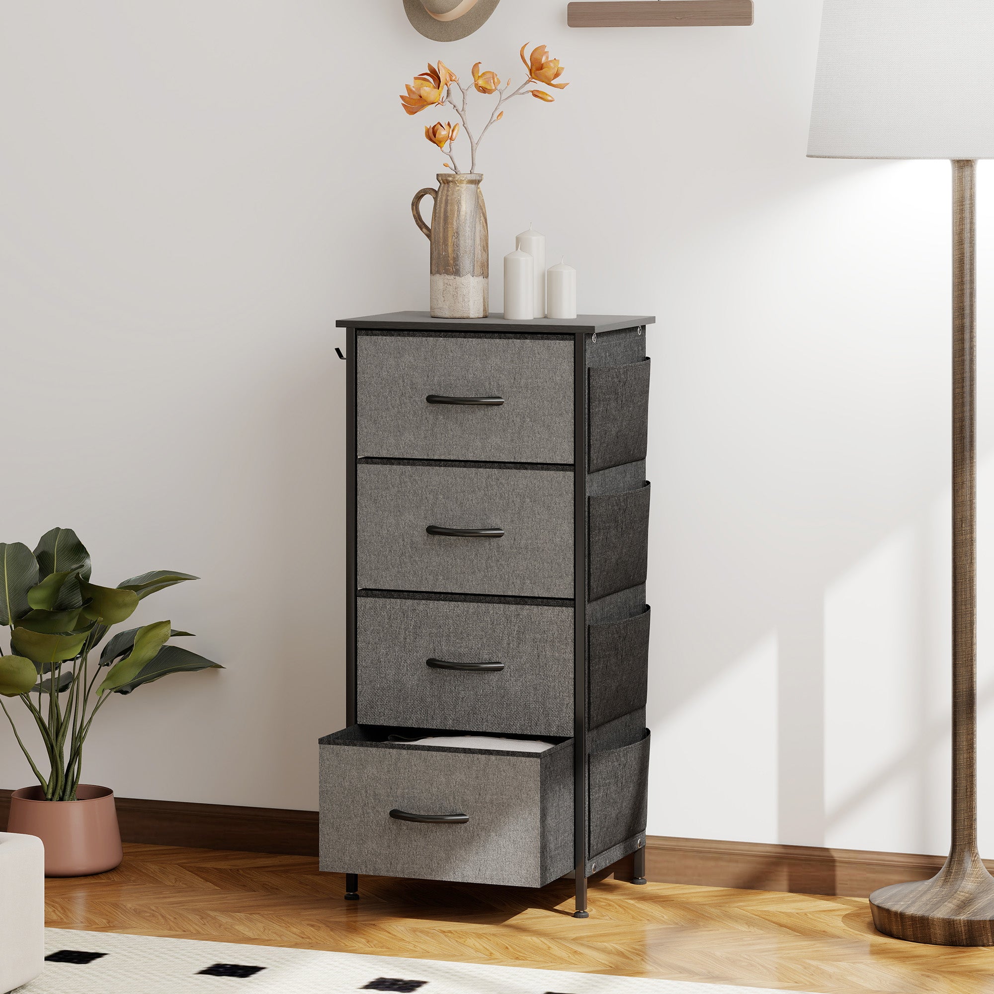 Commode 4 tiroirs en tissu, meuble de rangement avec 4 poches, 2 crochets, structure en acier, chiffonnier pour salon, chambre, entrée, gris