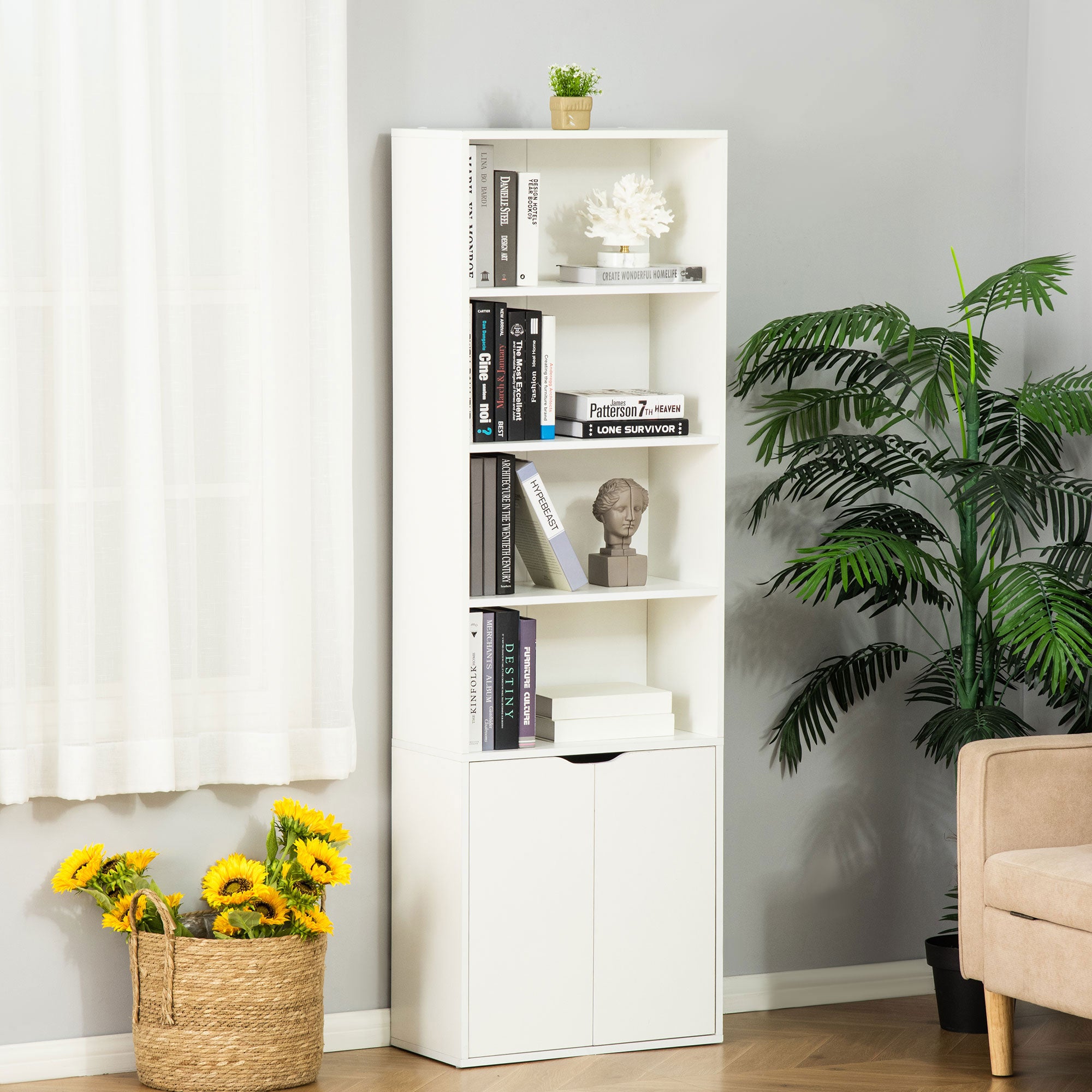 Bibliothèque à 6 niveaux, meuble de rangement, étagère à livres 59 x 29 x 180 cm avec 4 compartiments ouverts et 2 portes, étagère de rangement pour salon, chambre, bureau, blanc