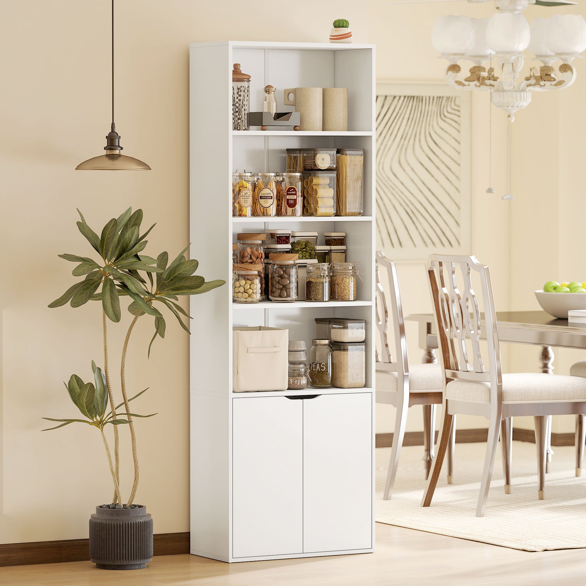 Bibliothèque à 6 niveaux, meuble de rangement, étagère à livres 59 x 29 x 180 cm avec 4 compartiments ouverts et 2 portes, étagère de rangement pour salon, chambre, bureau, blanc