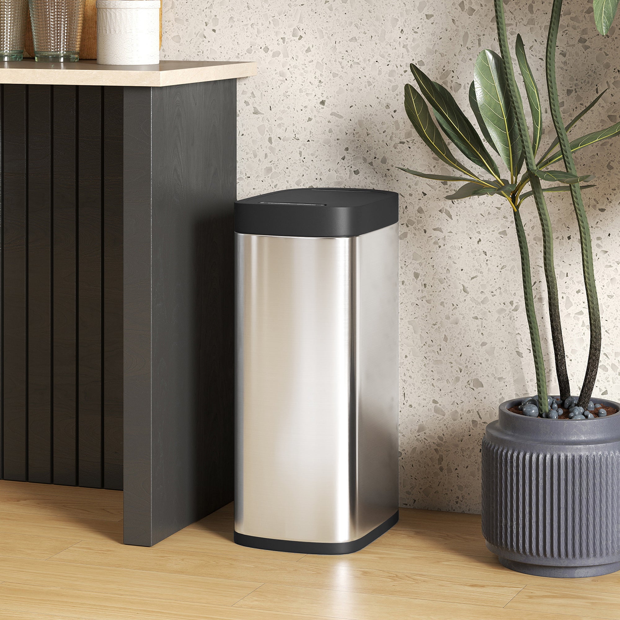 Poubelle de Cuisine Automatique 50L, Poubelle à Capteur de Mouvement sans Contact, Résistant aux Empreintes Digitales, sans Bac Intérieur, Fonctionne sur Piles, Argent