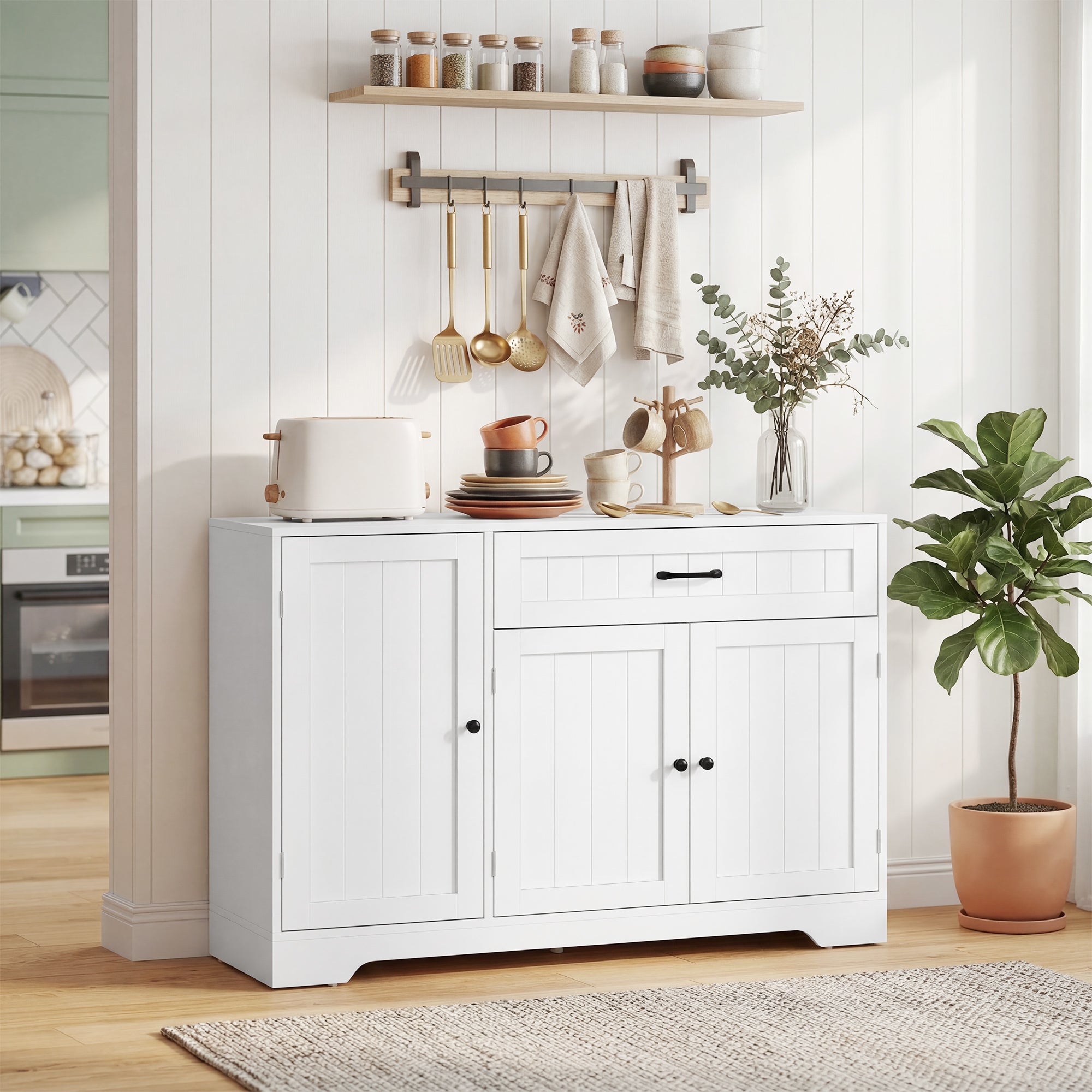 Buffet Cuisine, Meuble de Rangement avec Tiroir, 3 Portes à Fermeture Douce, Racks-Porte et Étagères Réglables, Meuble TV Jusqu'à 55 Pouces, pour Salon et Salle à Manger, 110x40x80cm, Blanc