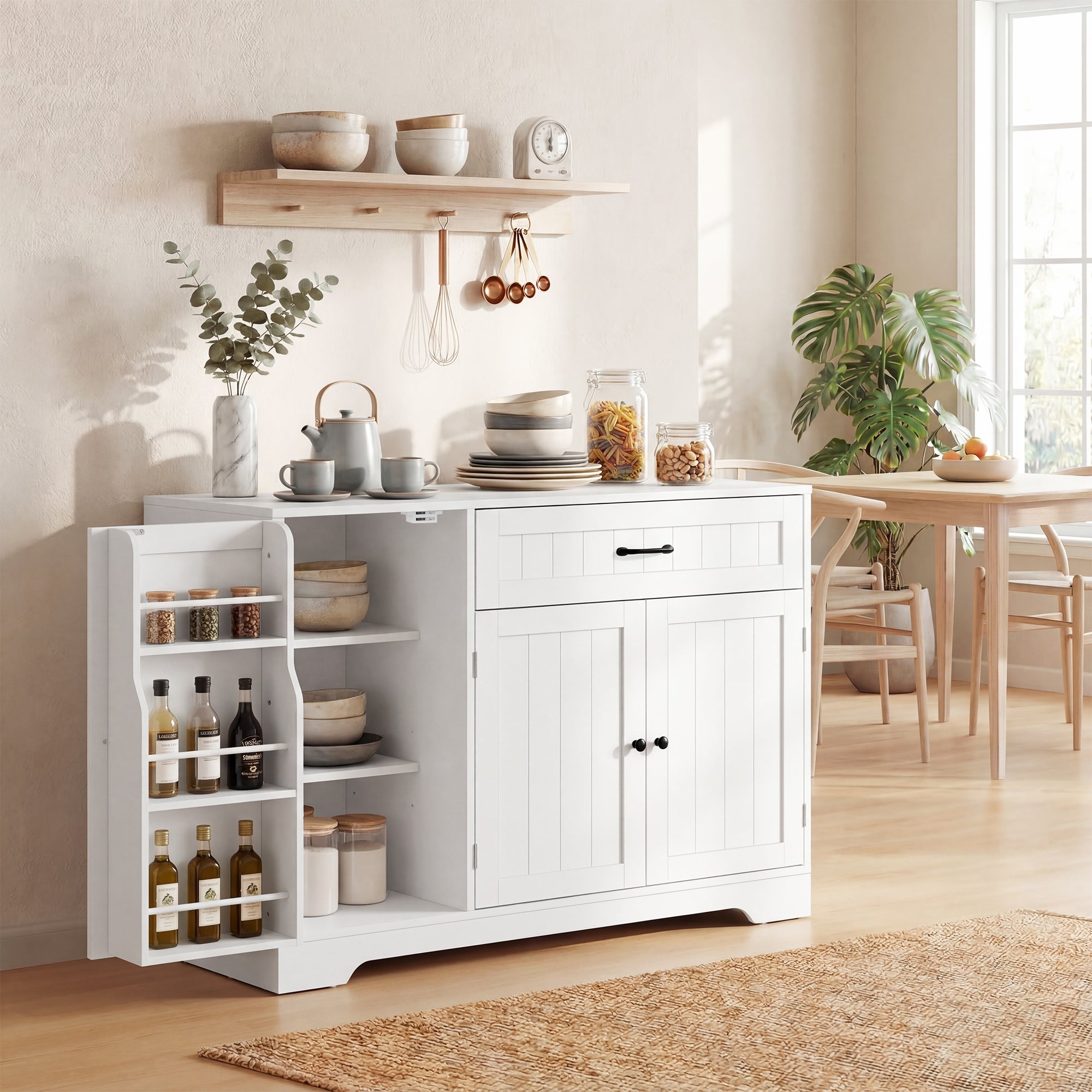Buffet Cuisine, Meuble de Rangement avec Tiroir, 3 Portes à Fermeture Douce, Racks-Porte et Étagères Réglables, Meuble TV Jusqu'à 55 Pouces, pour Salon et Salle à Manger, 110x40x80cm, Blanc