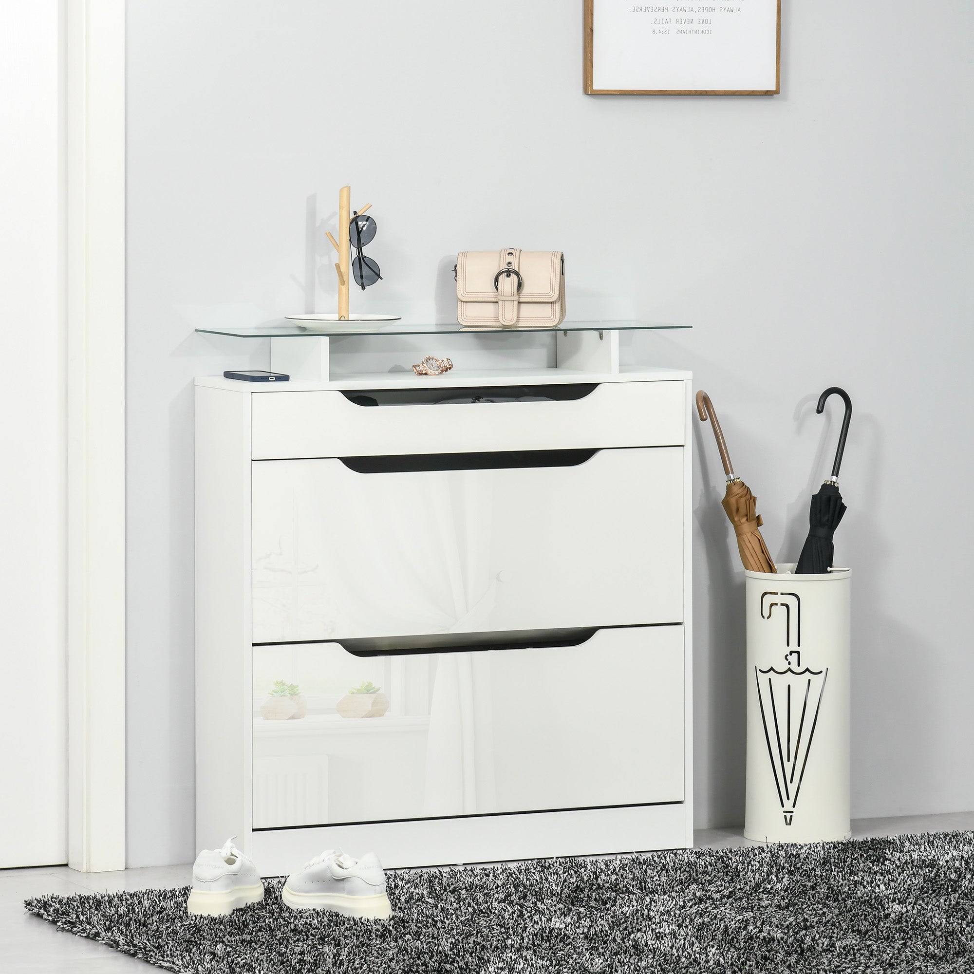 Armoire à Chaussures avec 2 tiroirs rabattables + 1 tiroir Coulissant + 1 comptoir et 1 Plateau en Verre étagère réglable sur 2 Niveaux 89 x 23 x 96 cm blanc