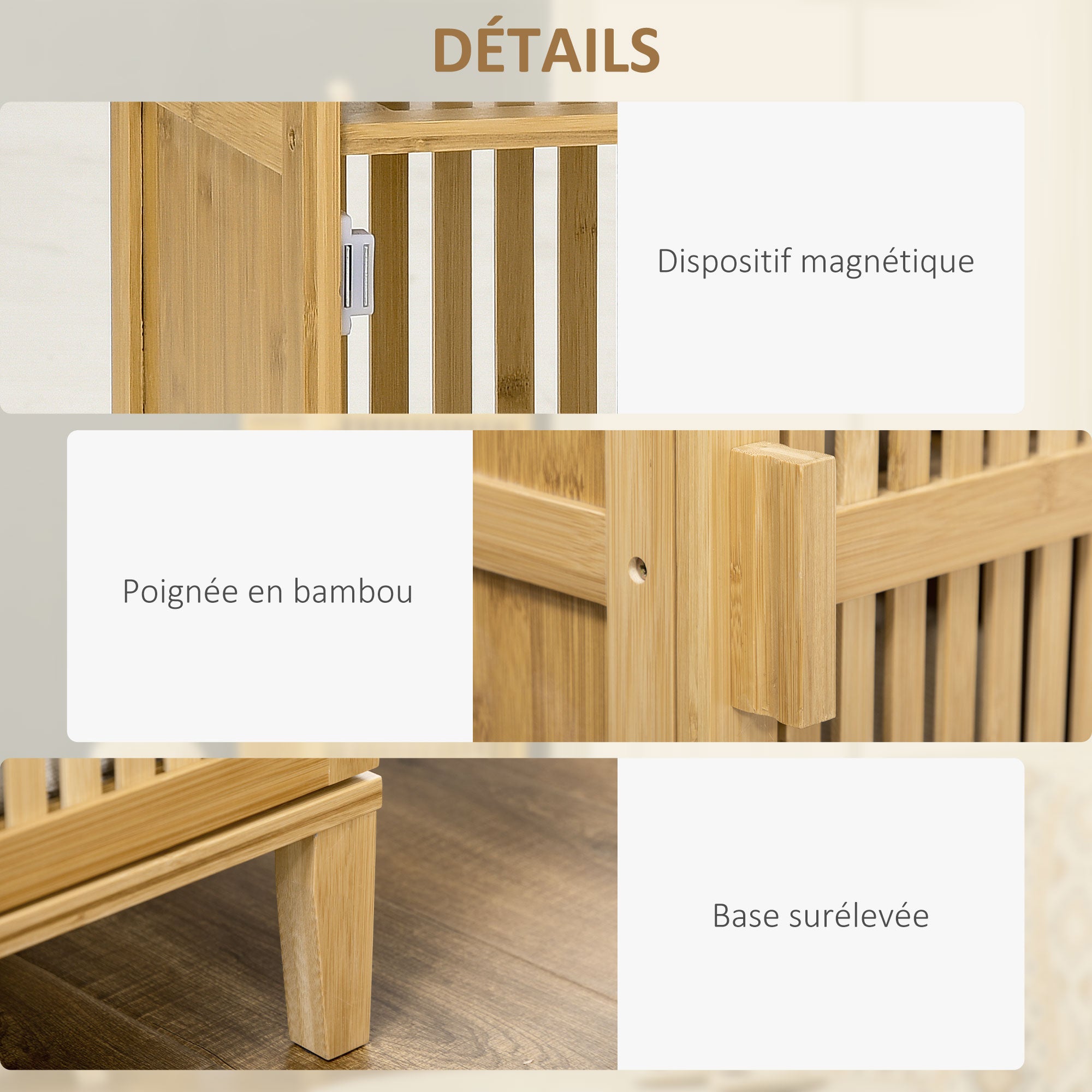 Meuble de rangement en bambou armoire de rangement avec 4 niveaux et porte design à lamelles pour salle de bain chambre salon 40 x 30 x 140 cm