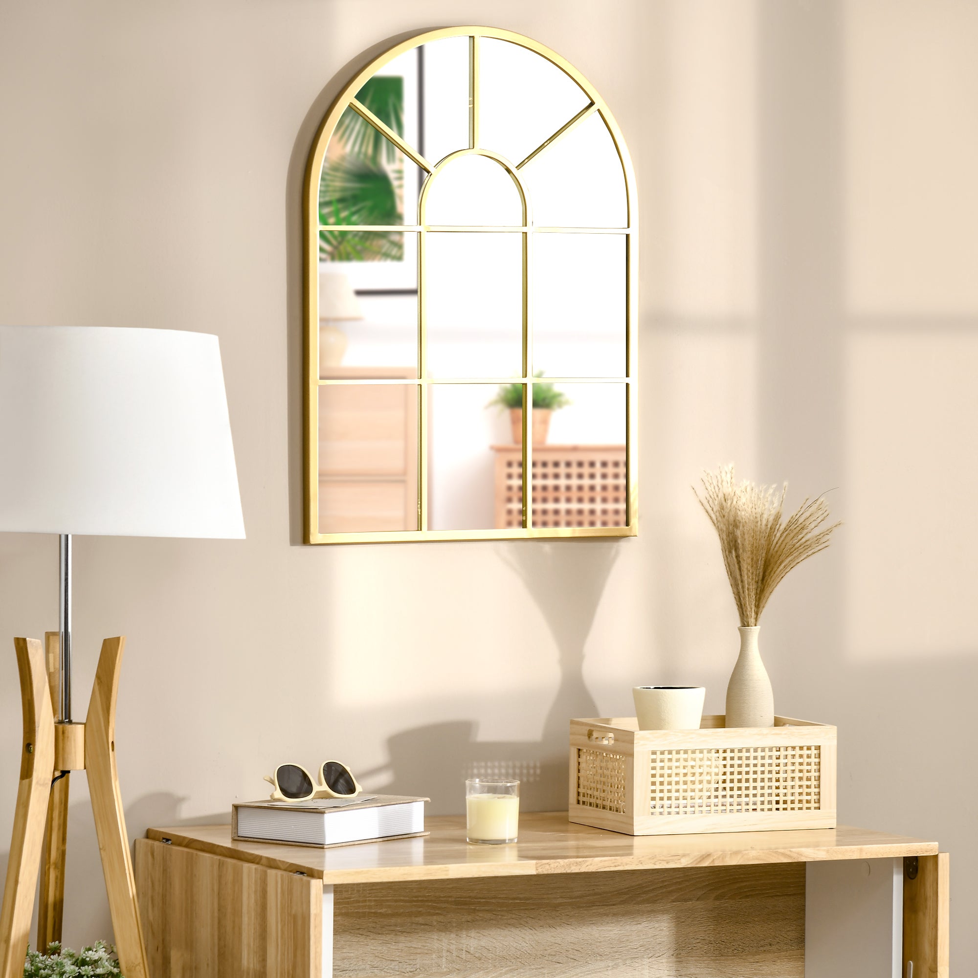 Miroir mural arqué 70 x 50 cm, miroir verrière arche style industriel, miroir de fenêtre arqué avec cadre métallique, pour salon, chambre, couloir, doré