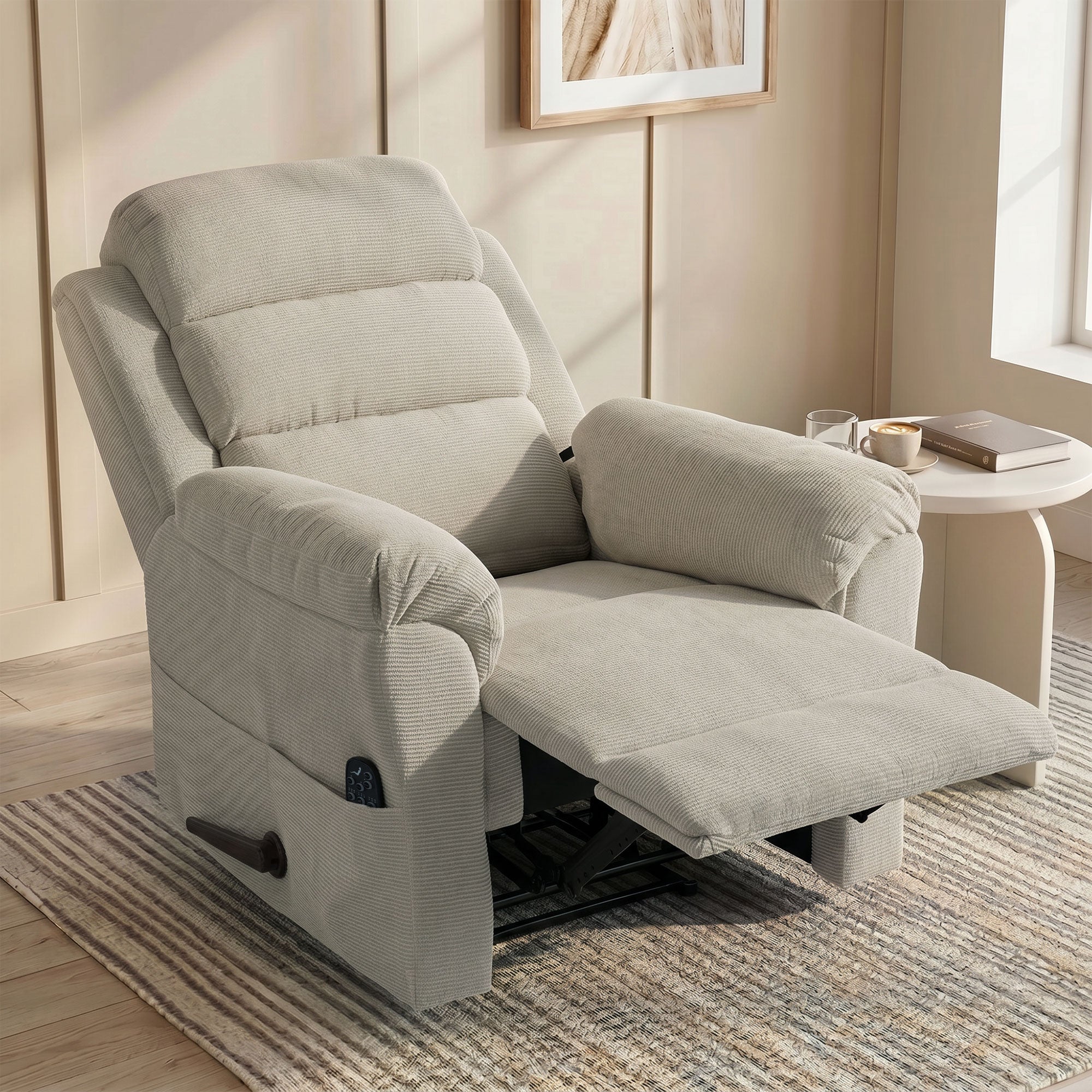 Fauteuil Inclinable de Massage et Chauffage, Fauteuil de Relaxation en Chenille, Appuie-tête Réglable 4 Poches Latérales Assise à Ressorts Repose-Pied, Montage Facile, pour Salon Chambre, Crème