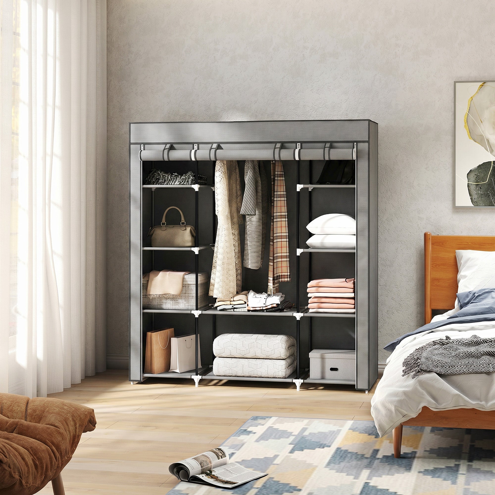 Armoire de rangement penderie en tissu, armoire chambre pliable, penderie vêtement avec barre de suspension et étagères pour vestiaire, chambre, dressing, 150 x 43 x 162,5 cm, gris clair