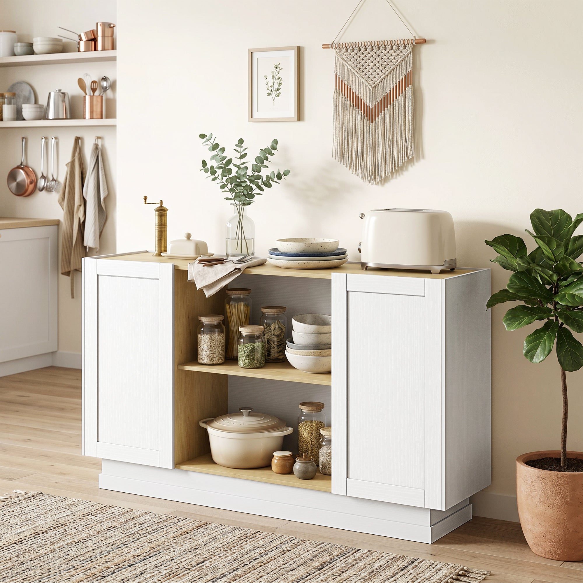 Buffet Cuisine, Meuble de Rangement avec 2 Portes et 2 Étagères Ouvertes, Style Rustique, Buffet Salle à Manger, Salon et Chambre, 133 x 35 x 79,7 cm, Bois Naturel et Blanc