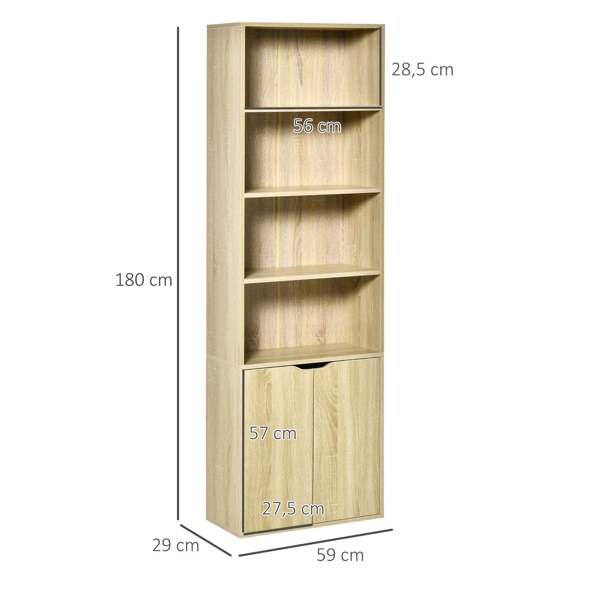 Bibliothèque à 6 niveaux, meuble de rangement, étagère à livres 59 x 29 x 180 cm avec 4 compartiments ouverts et 2 portes, étagère de rangement pour salon, chambre, bureau, bois naturel