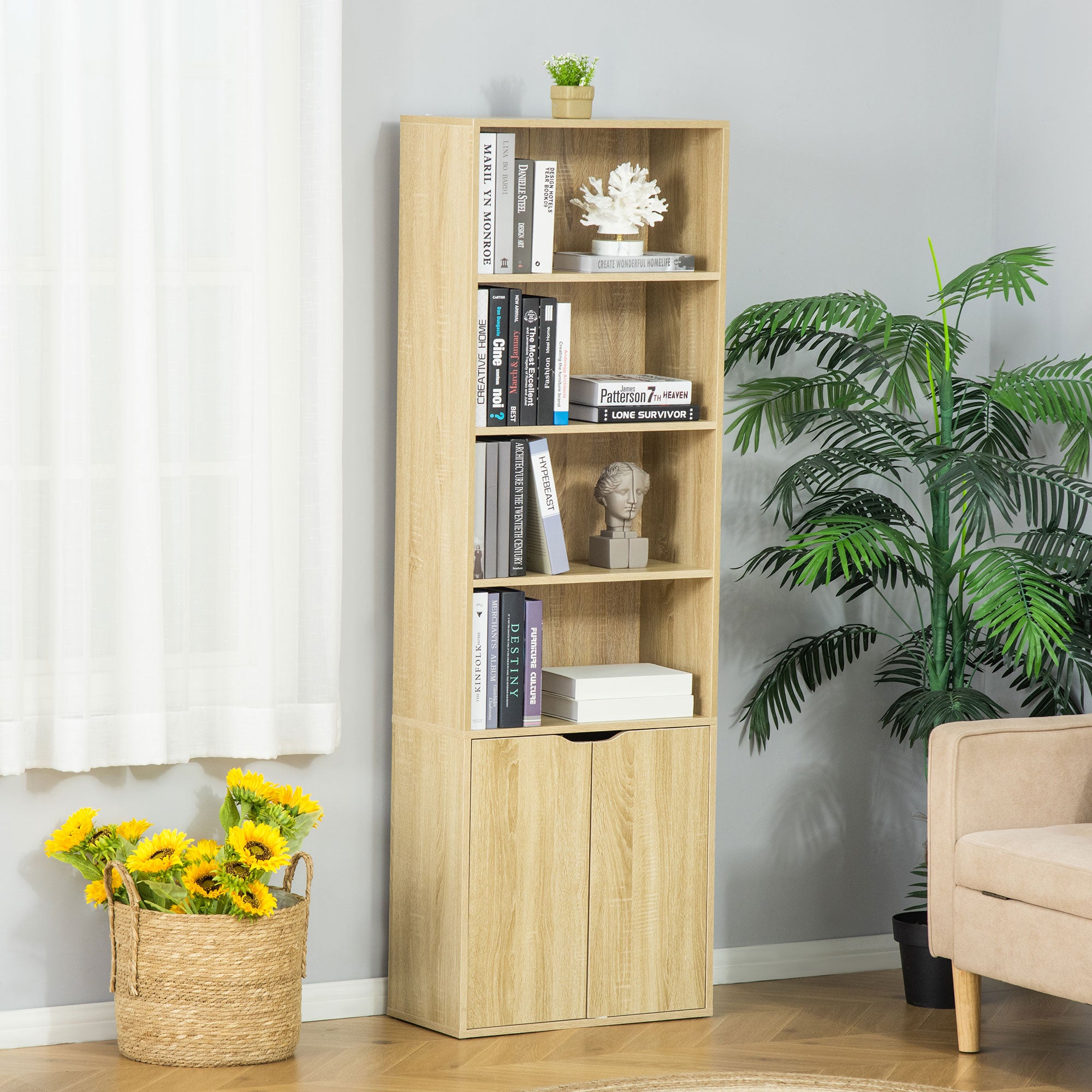 Bibliothèque à 6 niveaux, meuble de rangement, étagère à livres 59 x 29 x 180 cm avec 4 compartiments ouverts et 2 portes, étagère de rangement pour salon, chambre, bureau, bois naturel