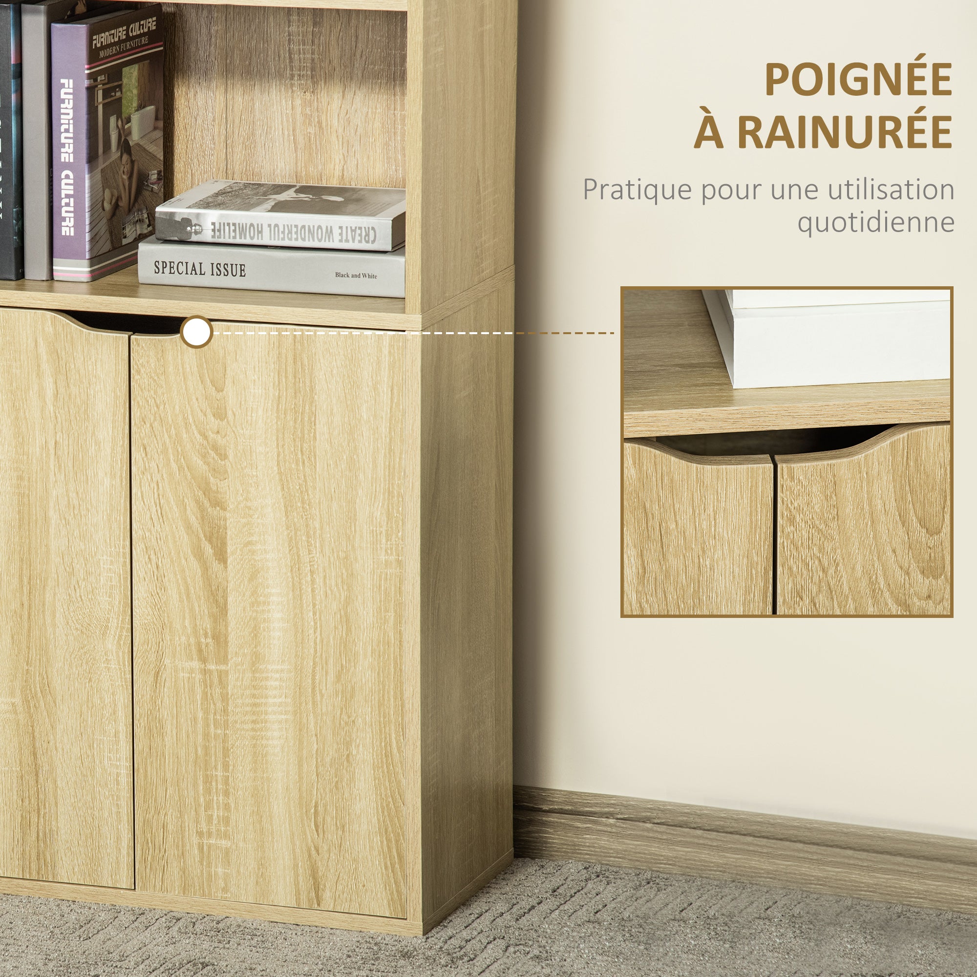 Bibliothèque à 6 niveaux, meuble de rangement, étagère à livres 59 x 29 x 180 cm avec 4 compartiments ouverts et 2 portes, étagère de rangement pour salon, chambre, bureau, bois naturel