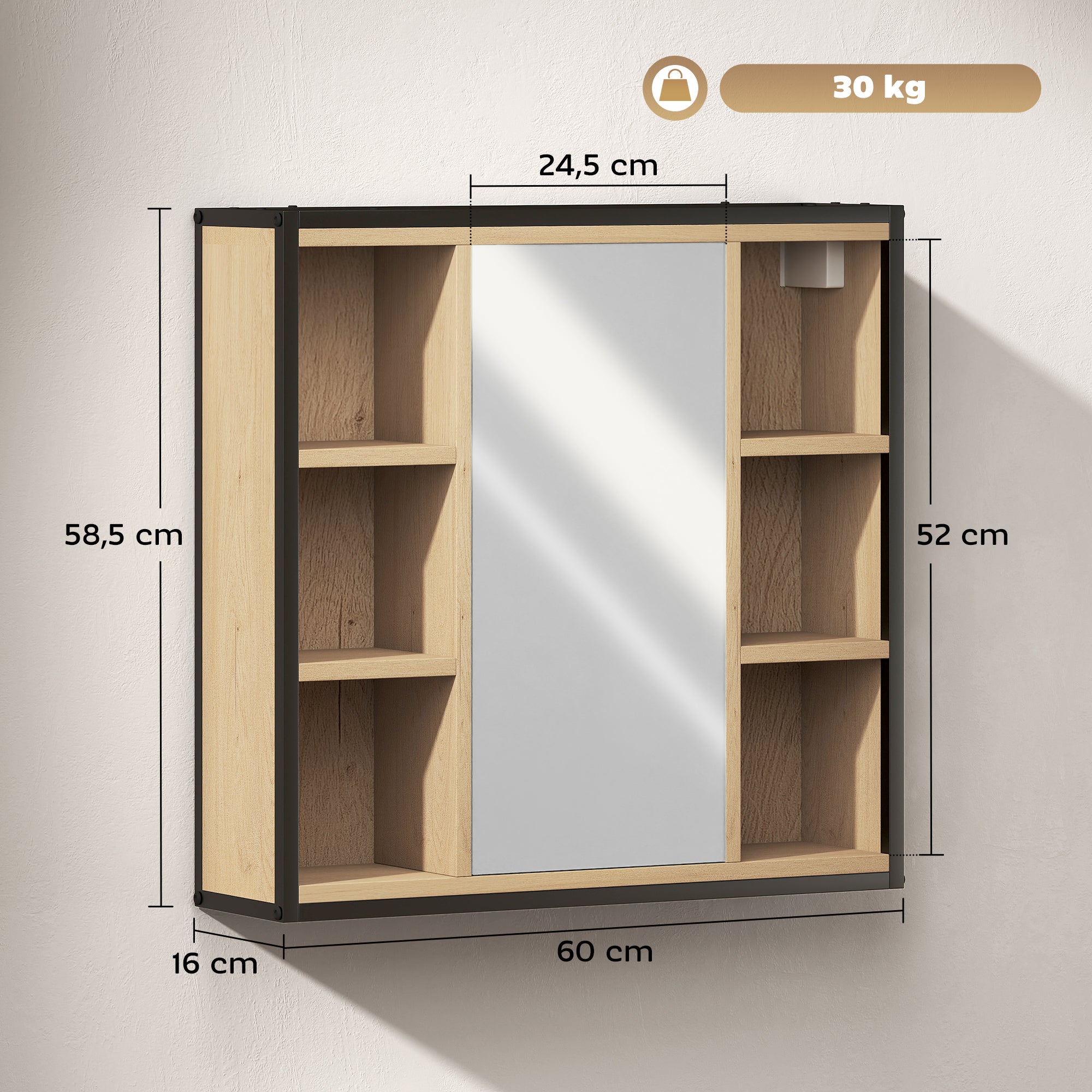 Armoire murale salle de bain avec miroir, 52 x 24,5 cm, meuble salle de bain, armoire de toilette avec 6 compartiments ouverts et étagère réglable, chêne