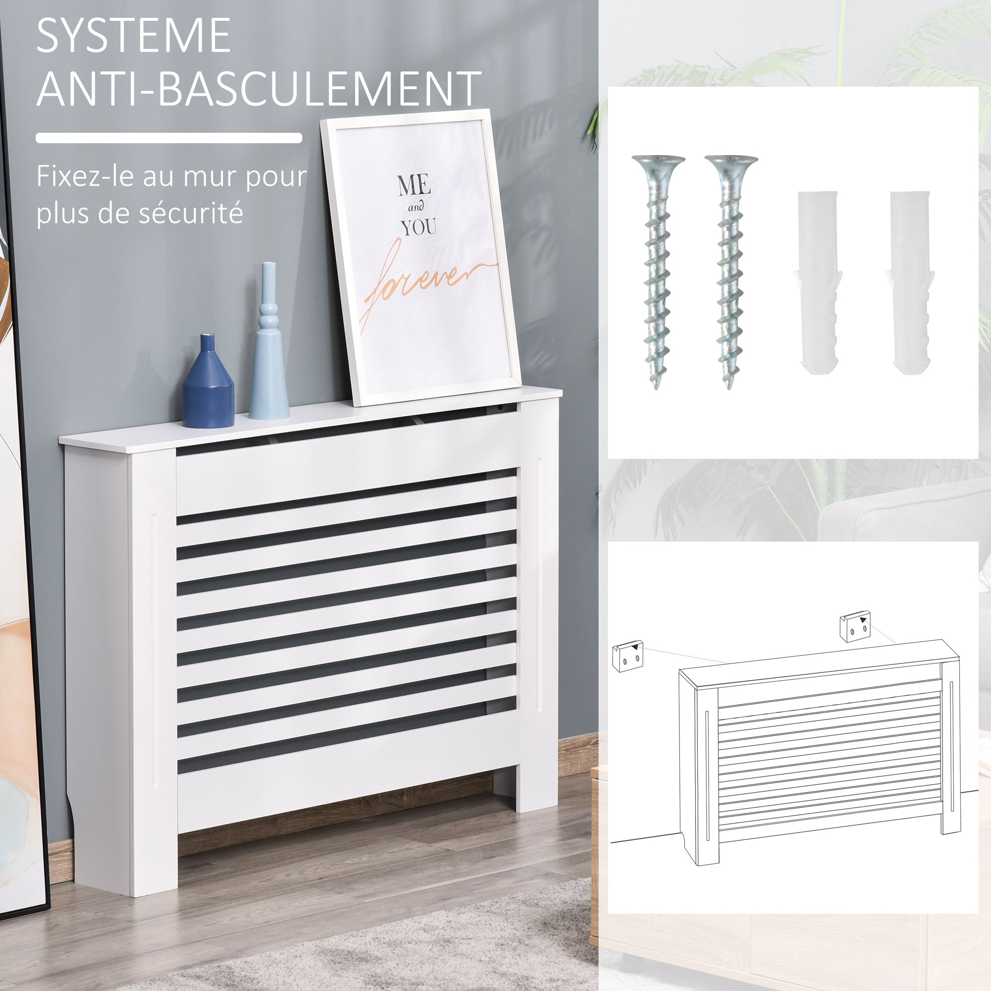 Cache-radiateur couverture radiateur Design à Lattes Panneau Cabinet dim. 112L x 19l x 81H cm MDF Blanc
