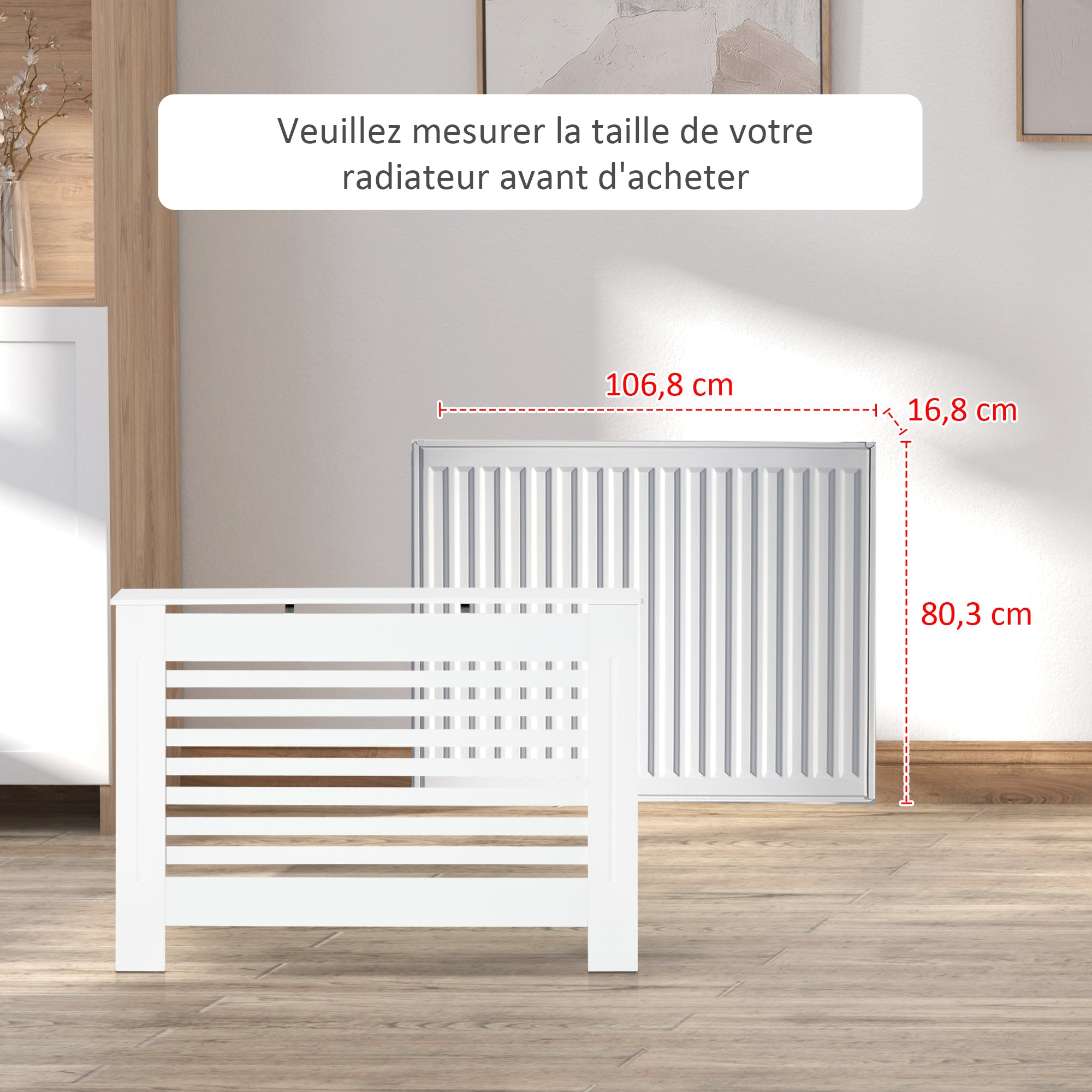Cache-radiateur couverture radiateur Design à Lattes Panneau Cabinet dim. 112L x 19l x 81H cm MDF Blanc