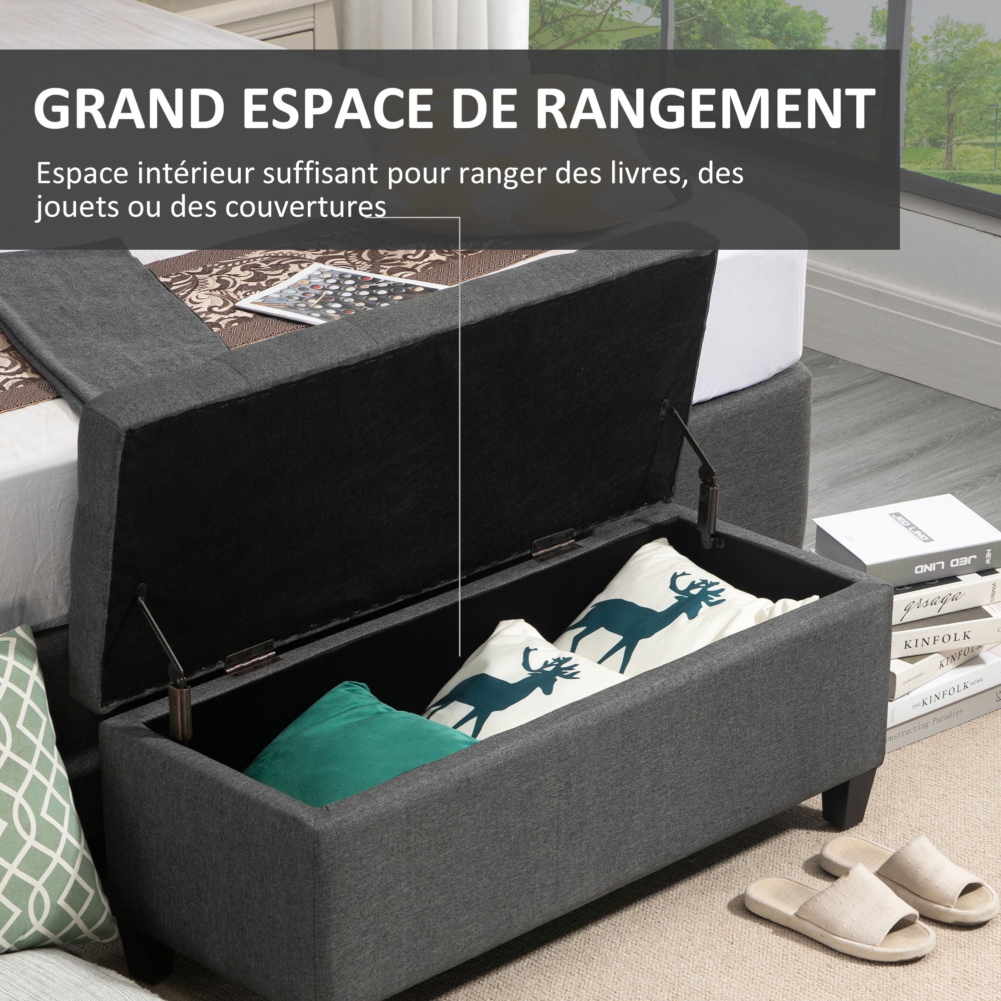 Banc de rangement pouf salon bout de lit capitonné coffre de rangement repose-pieds pour salon, chambre, entrée, 100 x 40 x 44 cm, gris foncé