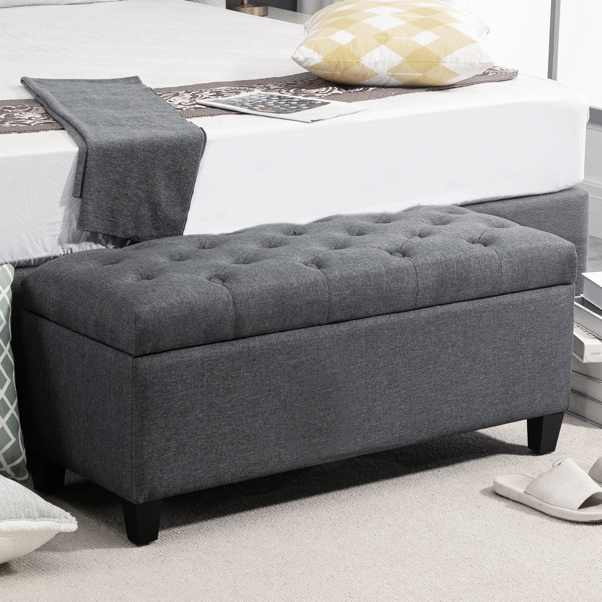Banc de rangement pouf salon bout de lit capitonné coffre de rangement repose-pieds pour salon, chambre, entrée, 100 x 40 x 44 cm, gris foncé