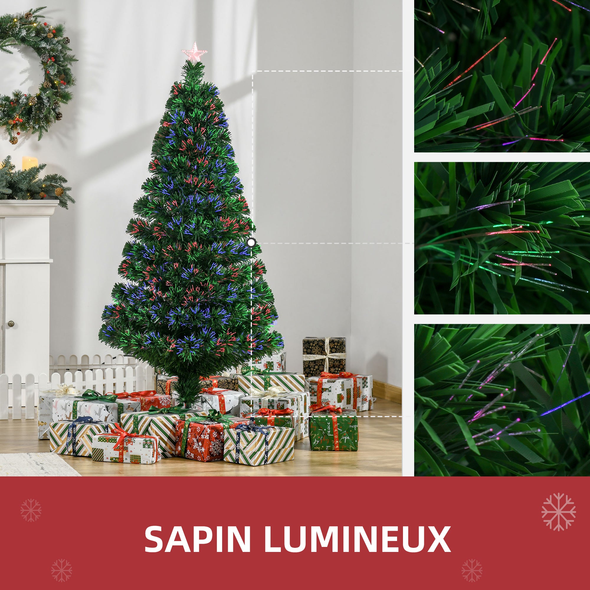Sapin de Noël Artificiel Lumineux 150H cm Fibre Optique Multicolore + Support Pied 180 Branches étoile Sommet Brillante Vert