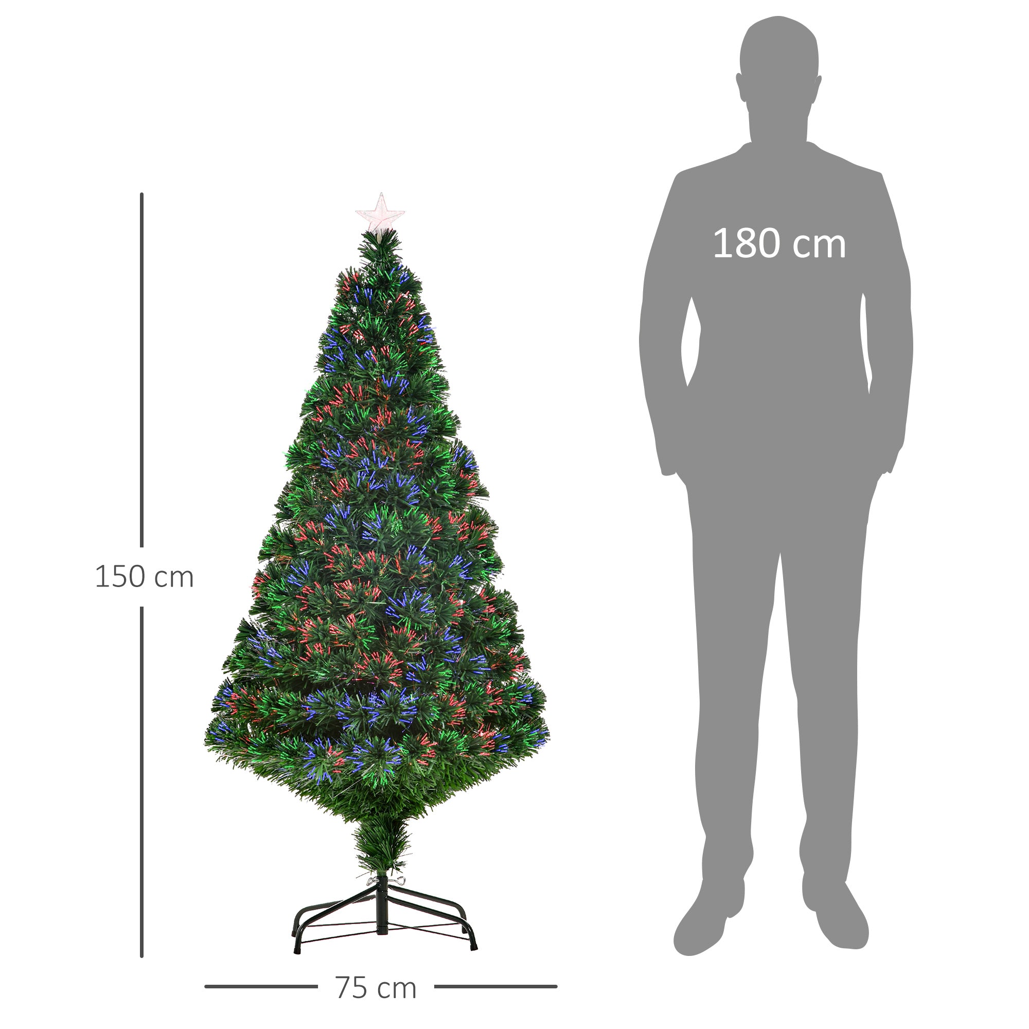 Sapin de Noël Artificiel Lumineux 150H cm Fibre Optique Multicolore + Support Pied 180 Branches étoile Sommet Brillante Vert