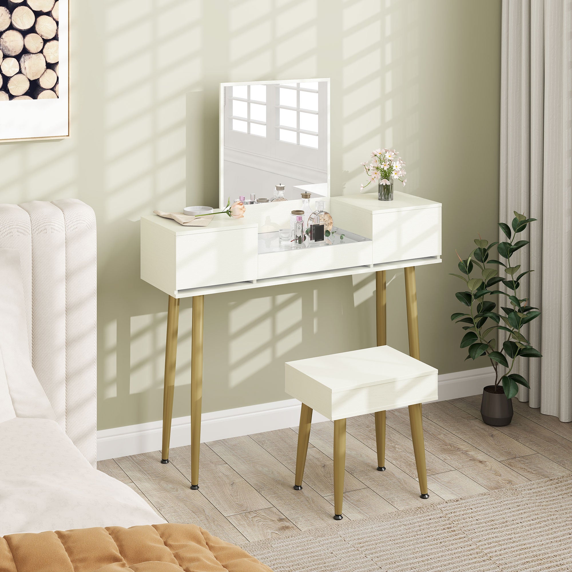 Coiffeuse avec miroir et tabouret, table de maquillage avec 3 tiroirs et pieds en métal, plateau en verre trempé, bureau coiffeuse pour chambre à coucher, blanc