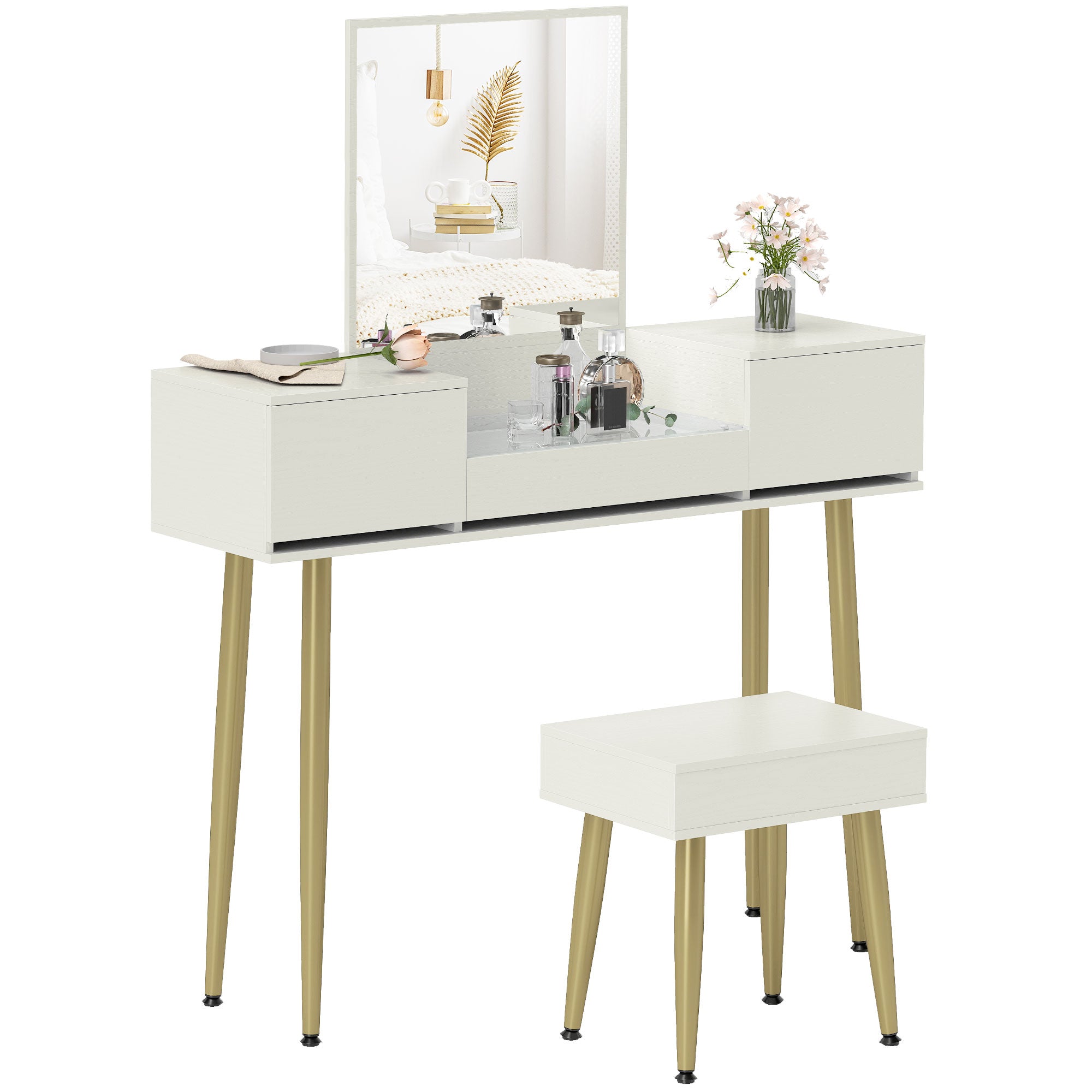 Coiffeuse avec miroir et tabouret, table de maquillage avec 3 tiroirs et pieds en métal, plateau en verre trempé, bureau coiffeuse pour chambre à coucher, blanc