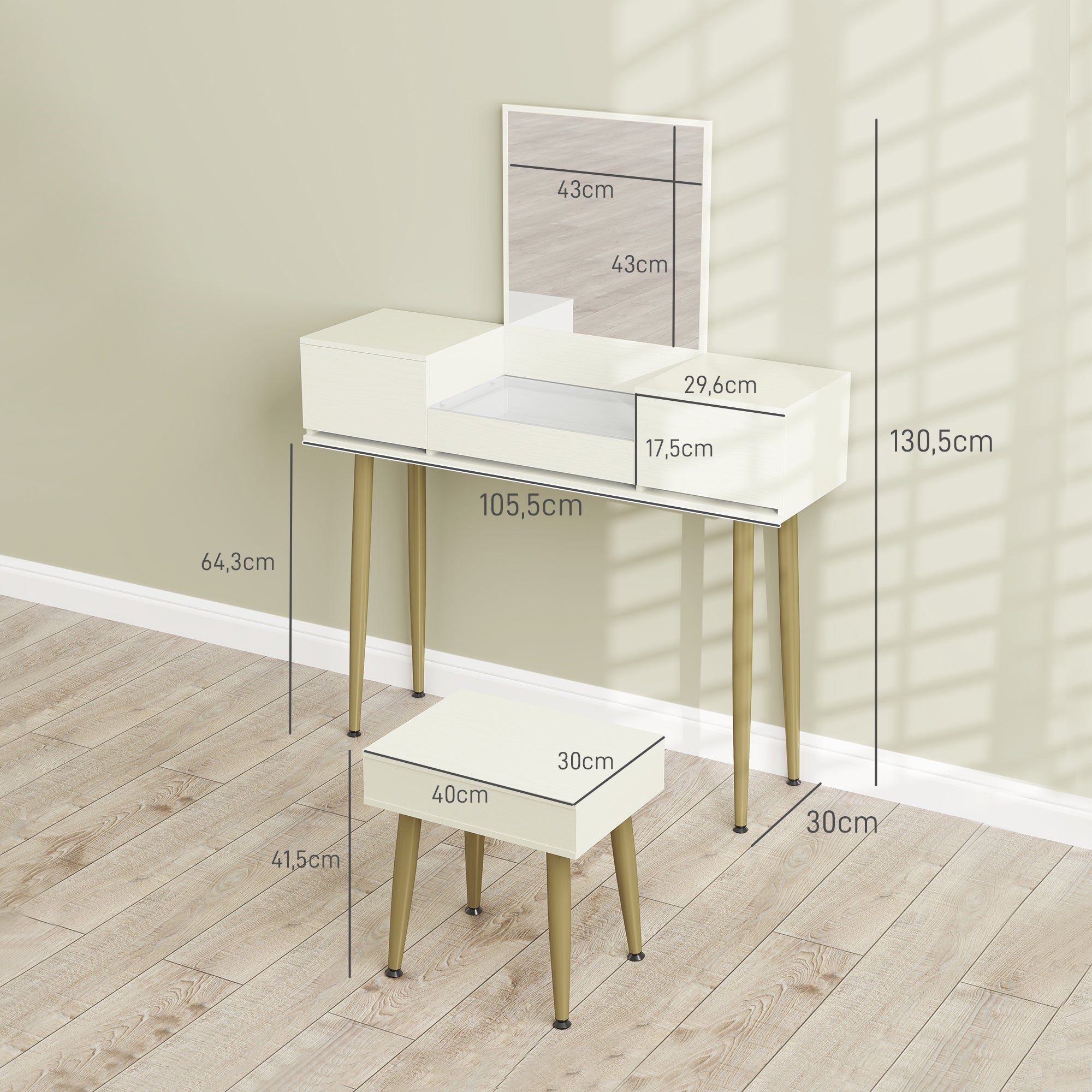 Coiffeuse avec miroir et tabouret, table de maquillage avec 3 tiroirs et pieds en métal, plateau en verre trempé, bureau coiffeuse pour chambre à coucher, blanc