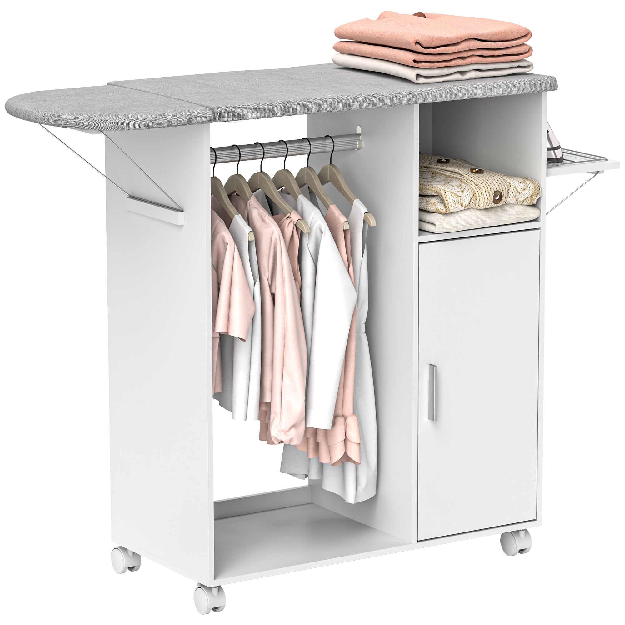 Meuble à repasser sur roulettes, table à repasser pliante, placard à porte, étagère réglable, barre de suspension, compartiment ouvert et support latéral, 127 x 42,5 x 99 cm, blanc