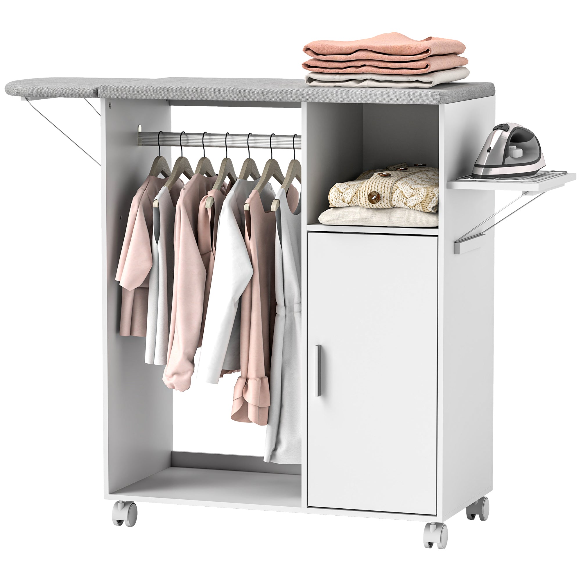 Meuble à repasser sur roulettes, table à repasser pliante, placard à porte, étagère réglable, barre de suspension, compartiment ouvert et support latéral, 127 x 42,5 x 99 cm, blanc