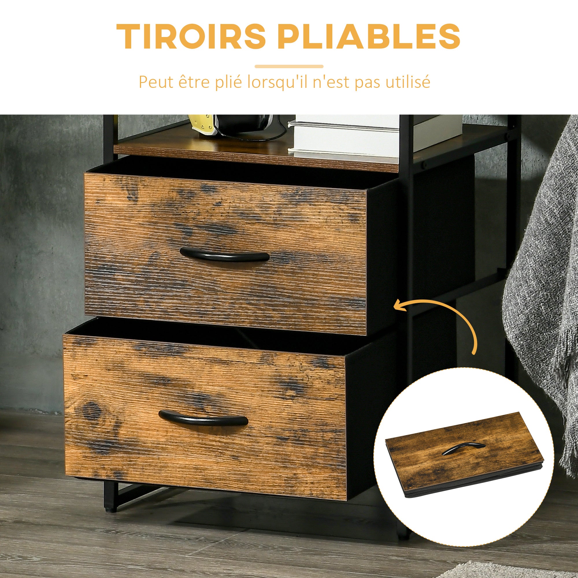 Table de Chevet avec 2 Tiroirs Tissus Table d'appoint petit Meuble de Rangement Style Industriel Commode 2 tiroirs - 45 x 40 x 70,5 cm - Bois et métal